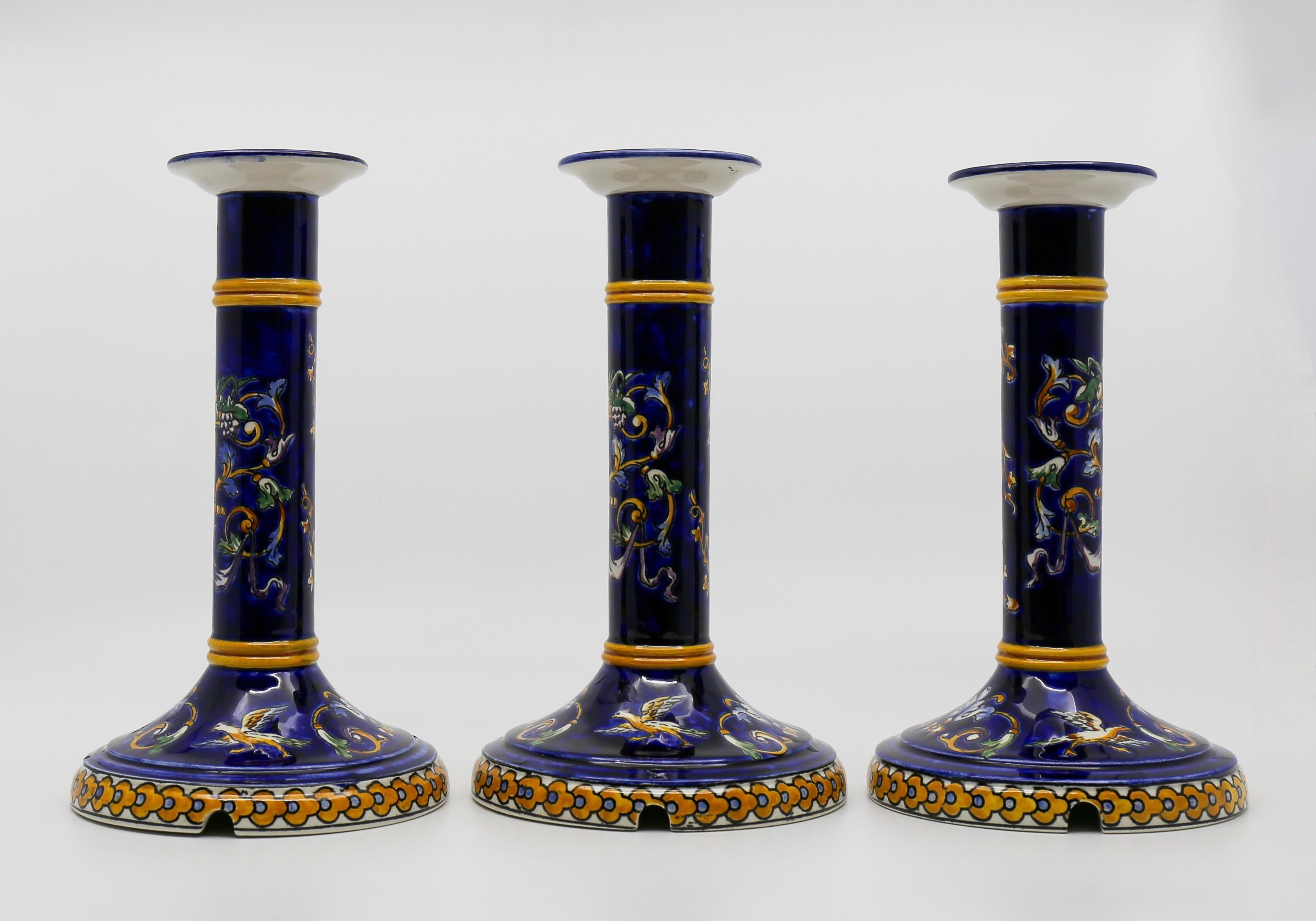 20th Century Three Gien Porcelain Candlesticks For Sale