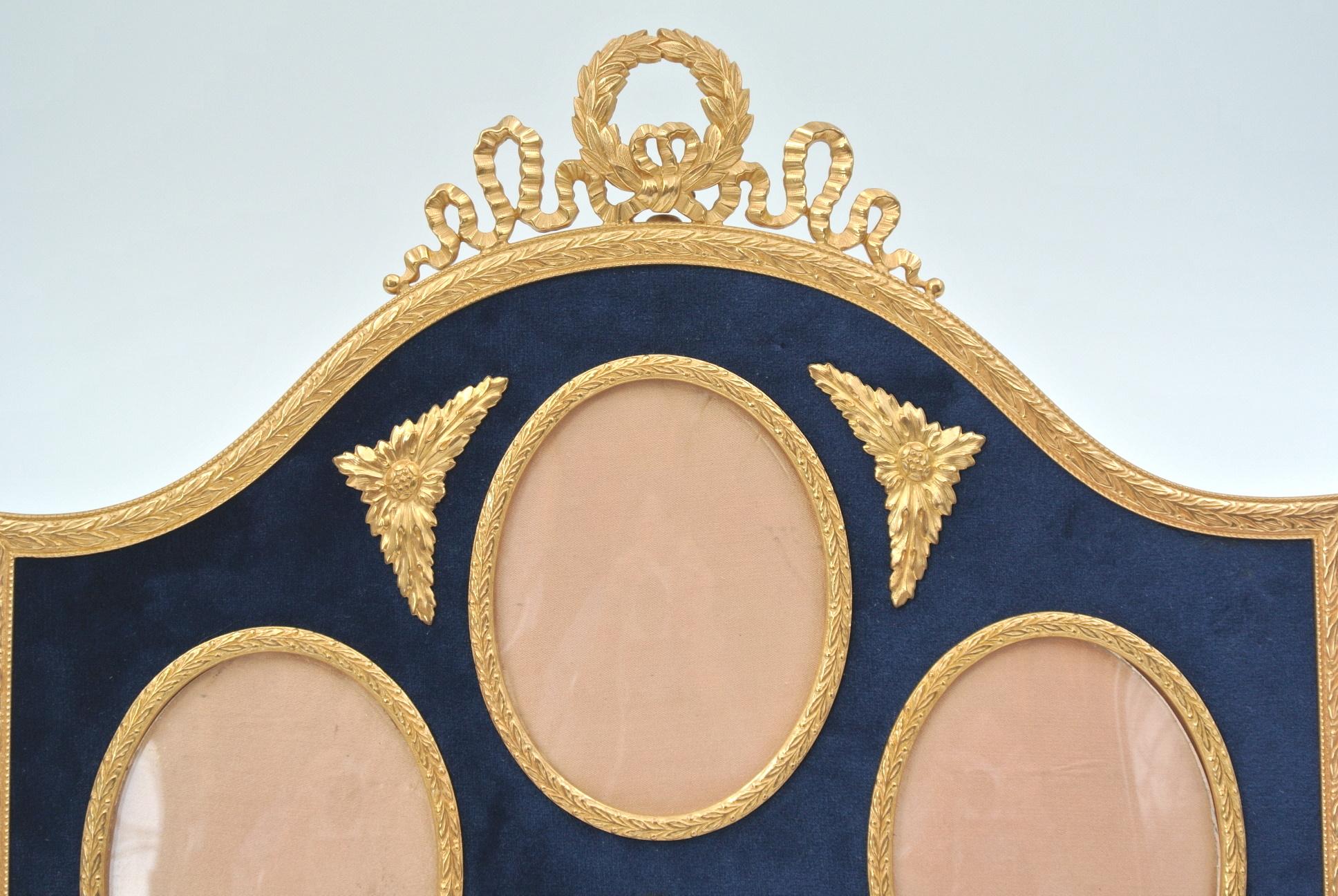 19th Century Three Gilded Brass and Velvet Picture Frame