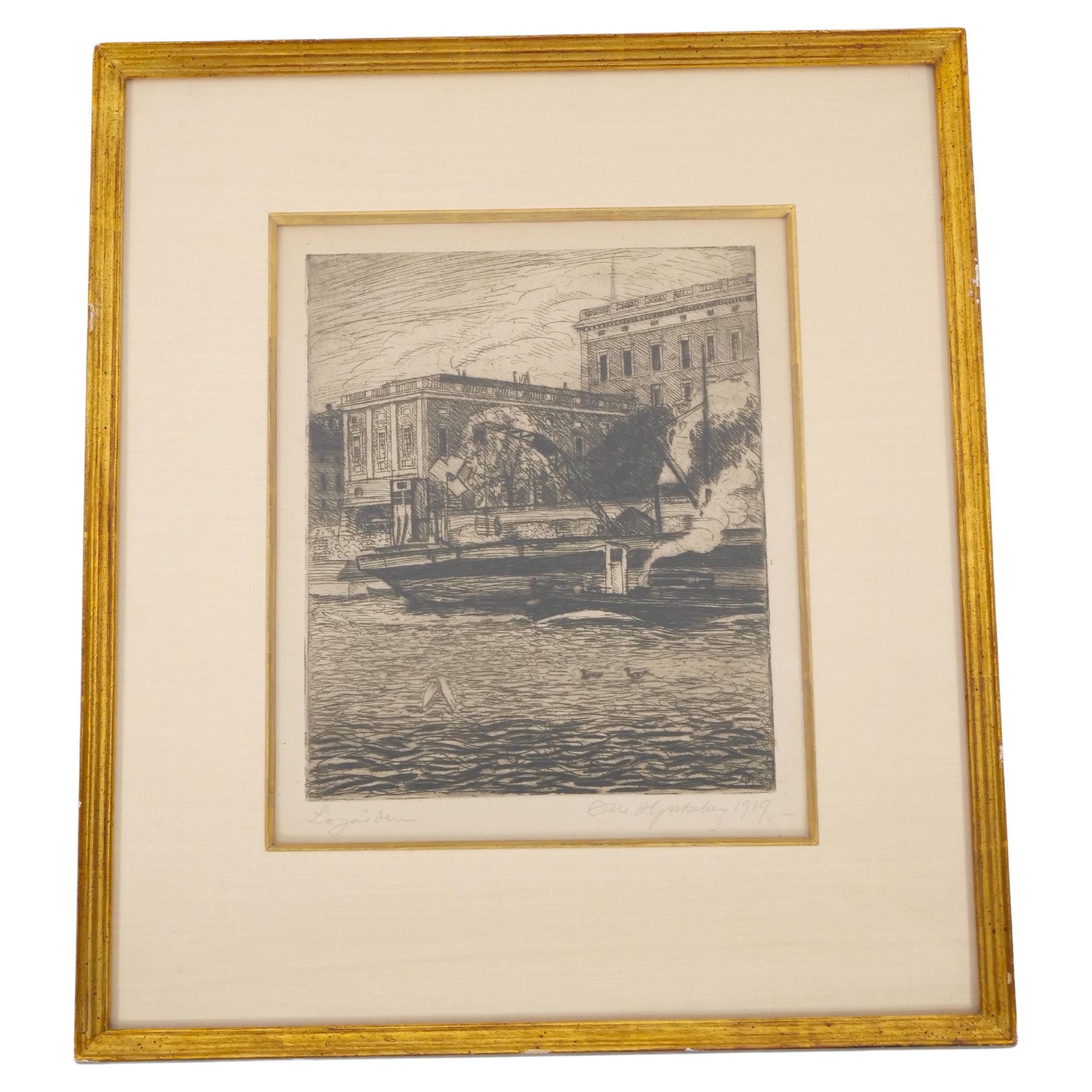 Dorato Tre acqueforti di Olle Hjortzberg (1872-1959) incorniciate in Wood. in vendita