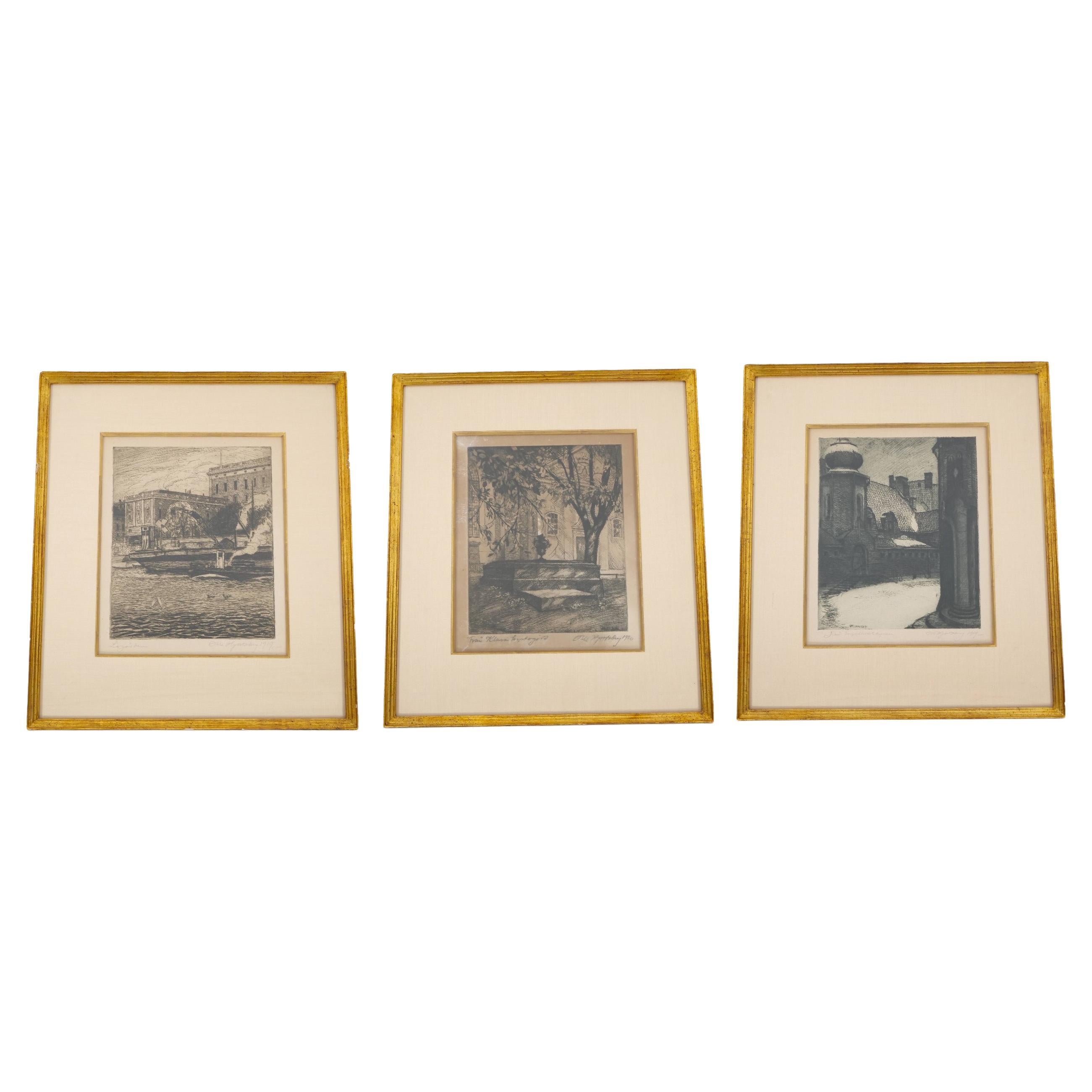 Three Gilt-Wood Framed Etchings by Olle Hjortzberg (1872-1959) For Sale