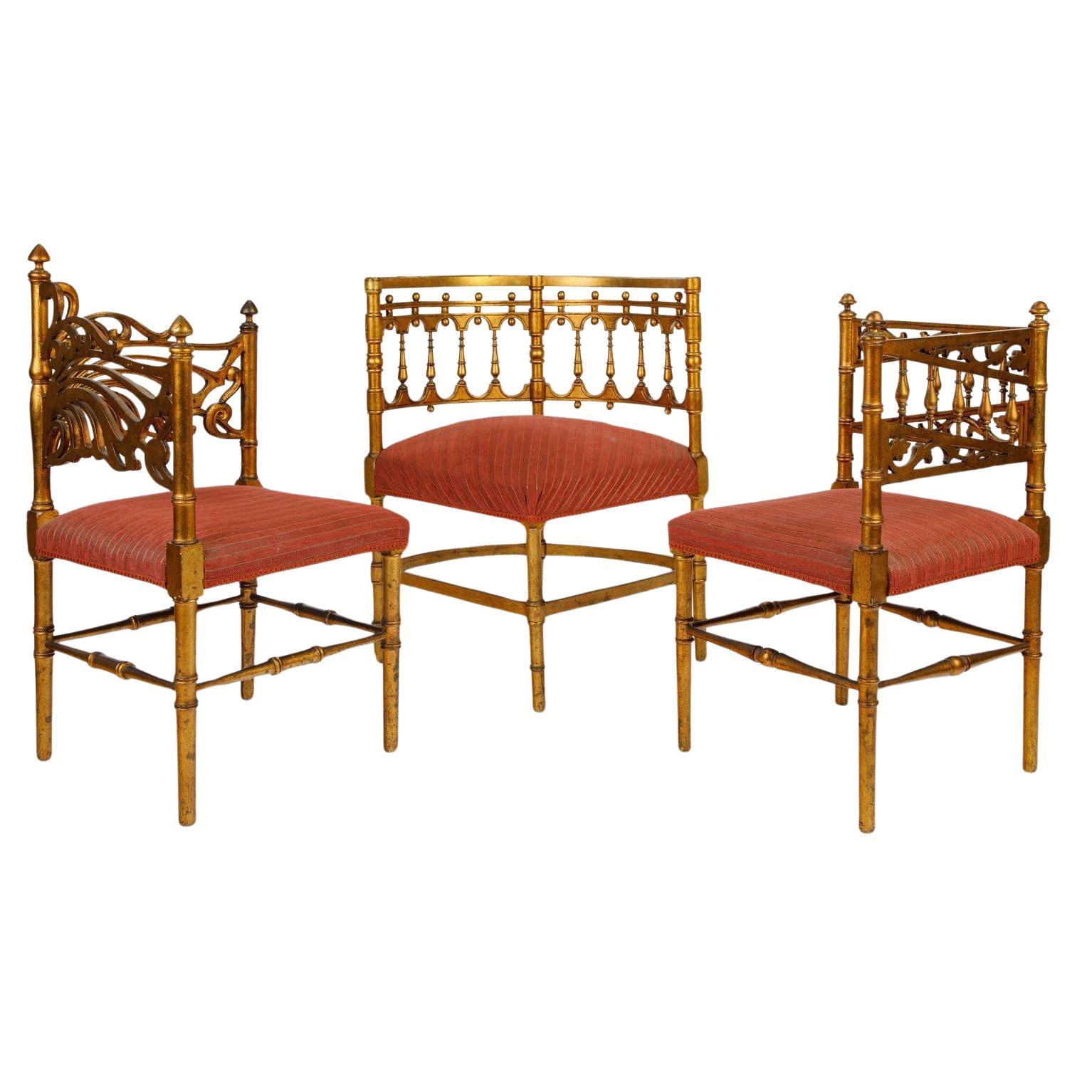 Three giltwood and fabric upholstered French Provincial meets Art Nouveau Corner