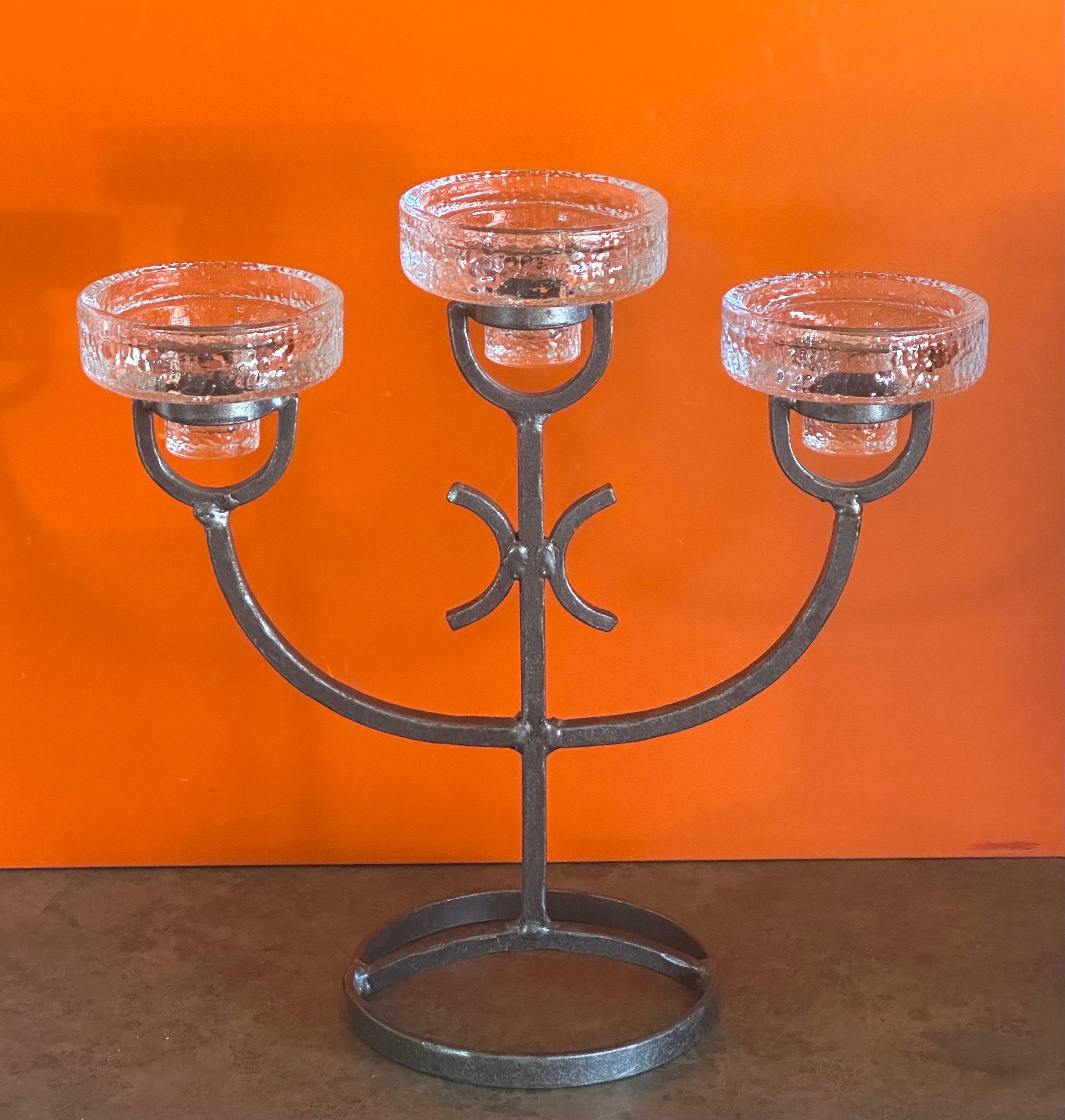 Three Glass Votive Candleholder In Hammered Iron by Erik Hoglund for Kosta Boda  For Sale 4