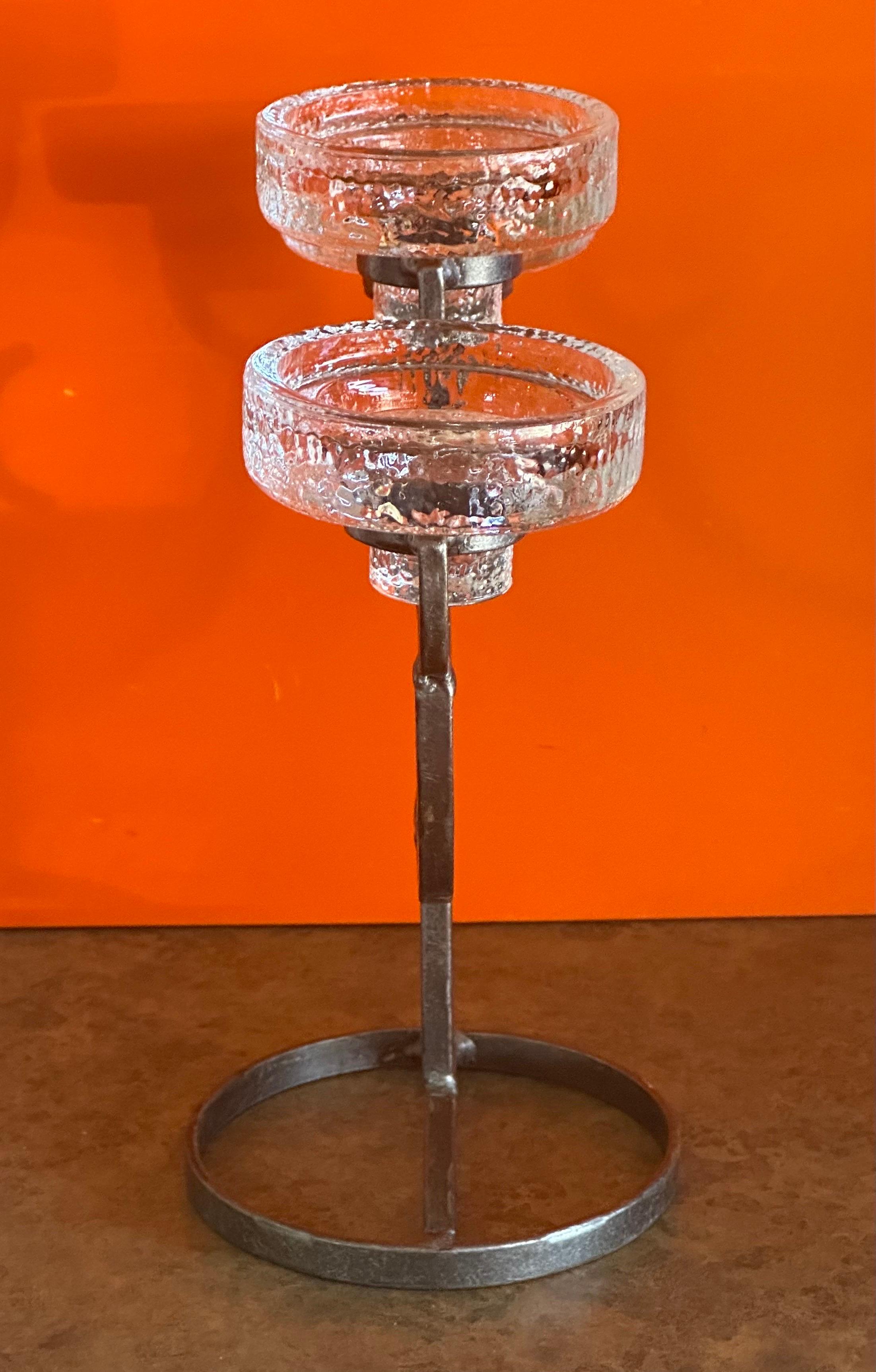 Scandinavian Modern Three Glass Votive Candleholder In Hammered Iron by Erik Hoglund for Kosta Boda  For Sale