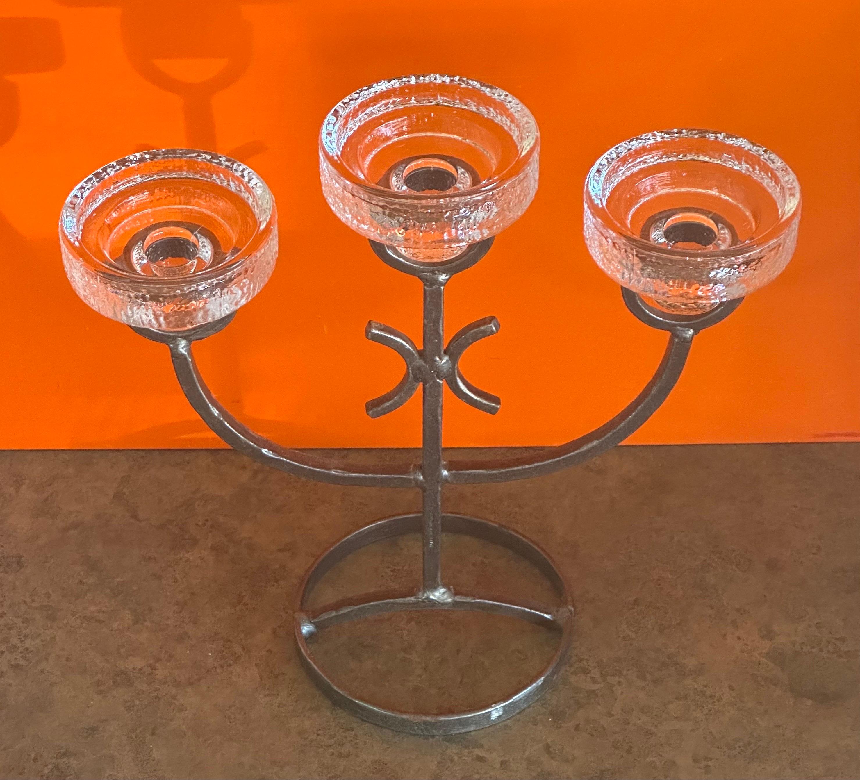 Swedish Three Glass Votive Candleholder In Hammered Iron by Erik Hoglund for Kosta Boda  For Sale