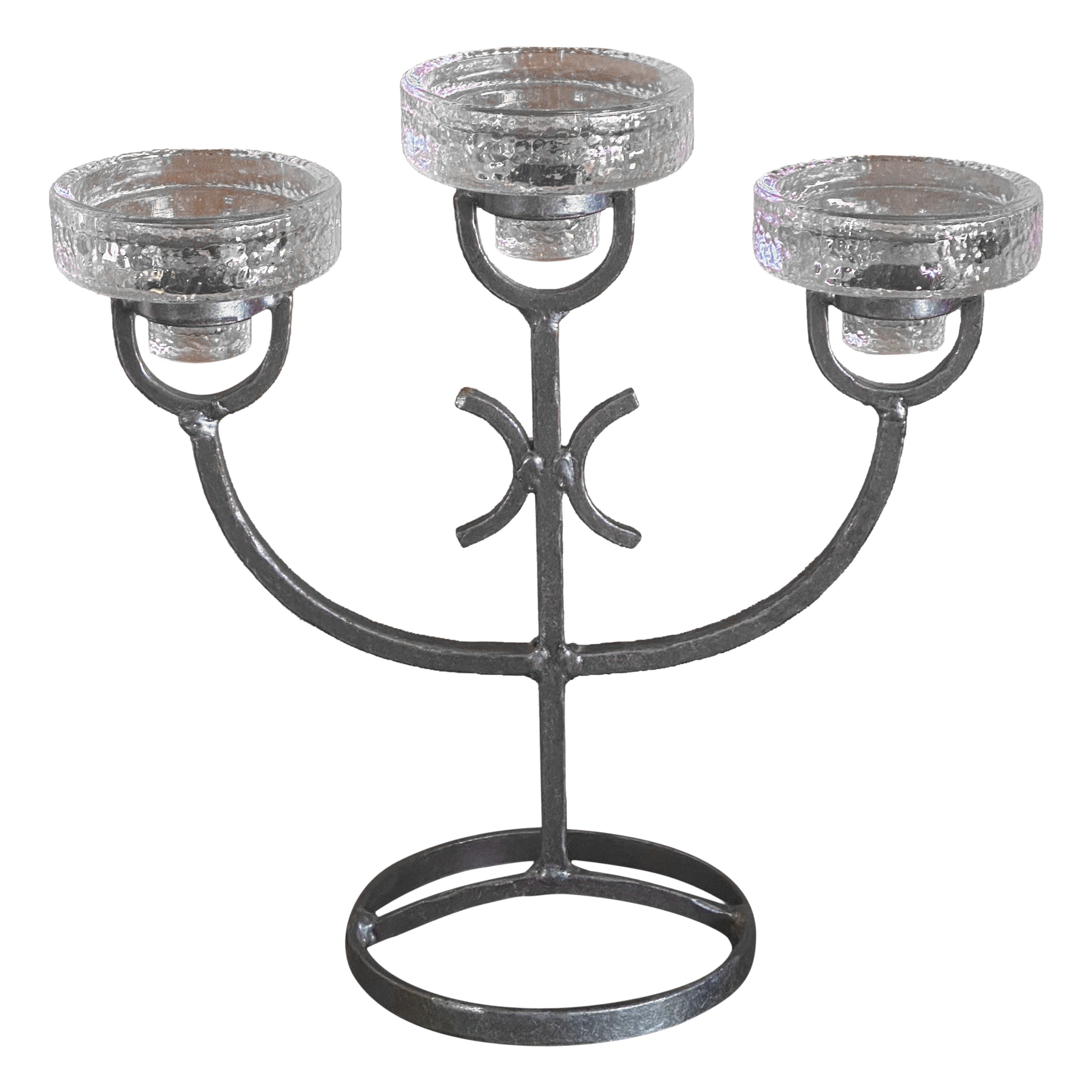 Three Glass Votive Candleholder In Hammered Iron by Erik Hoglund for Kosta Boda