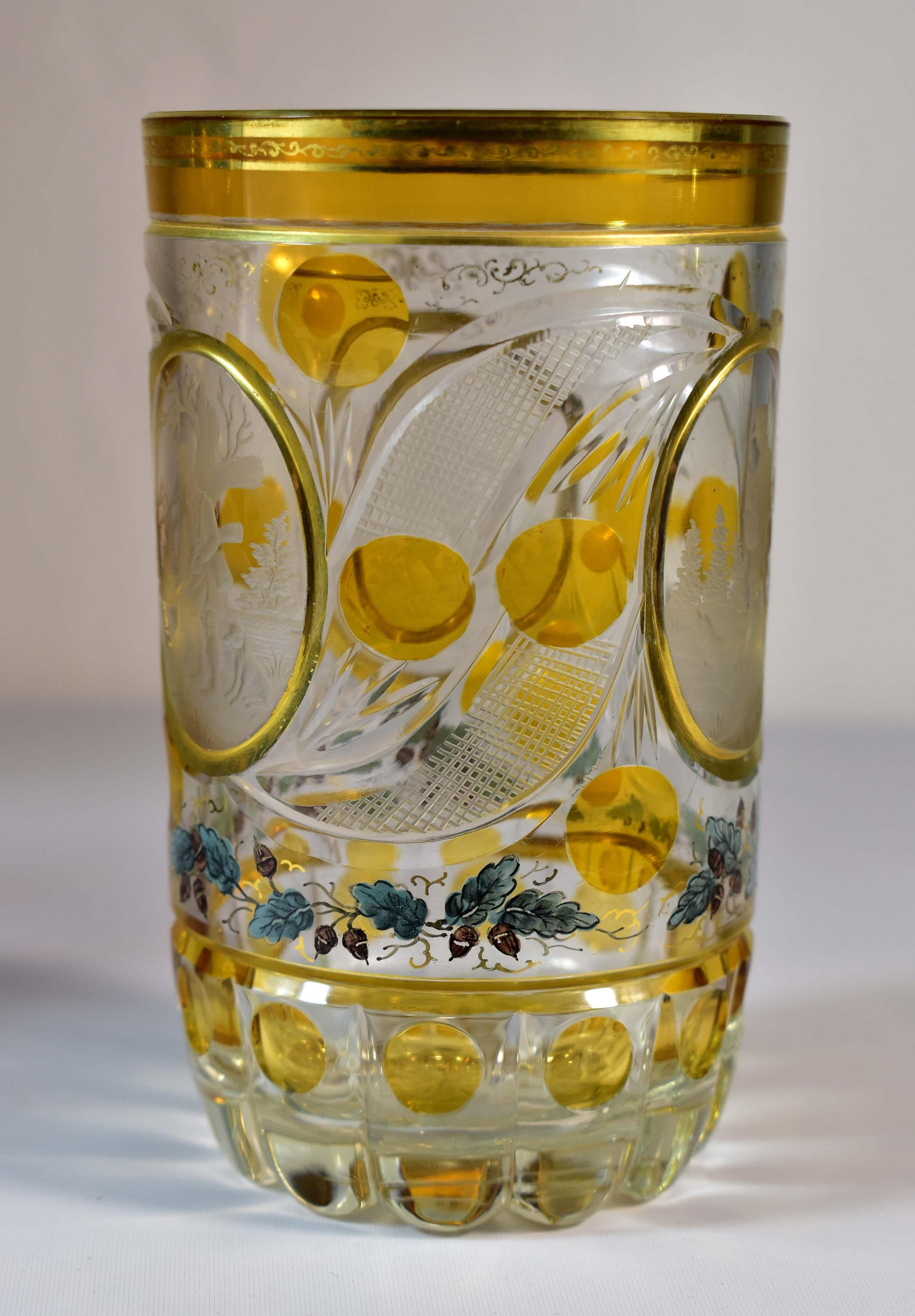 Three Goblets, Bohemian Glass, Mameluke engraving , Hunting motif 19th century 9