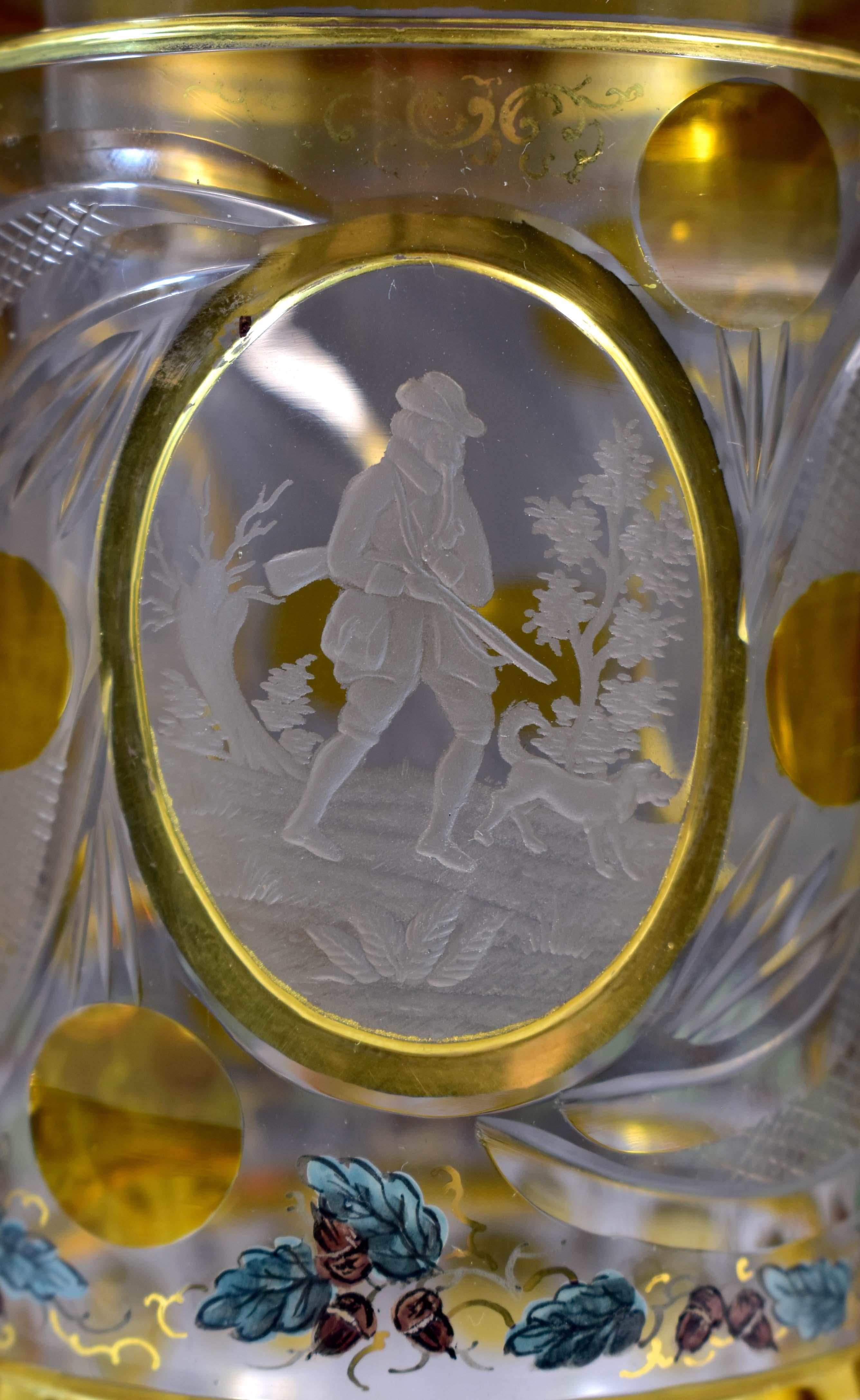 Three Goblets, Bohemian Glass, Mameluke engraving , Hunting motif 19th century 10