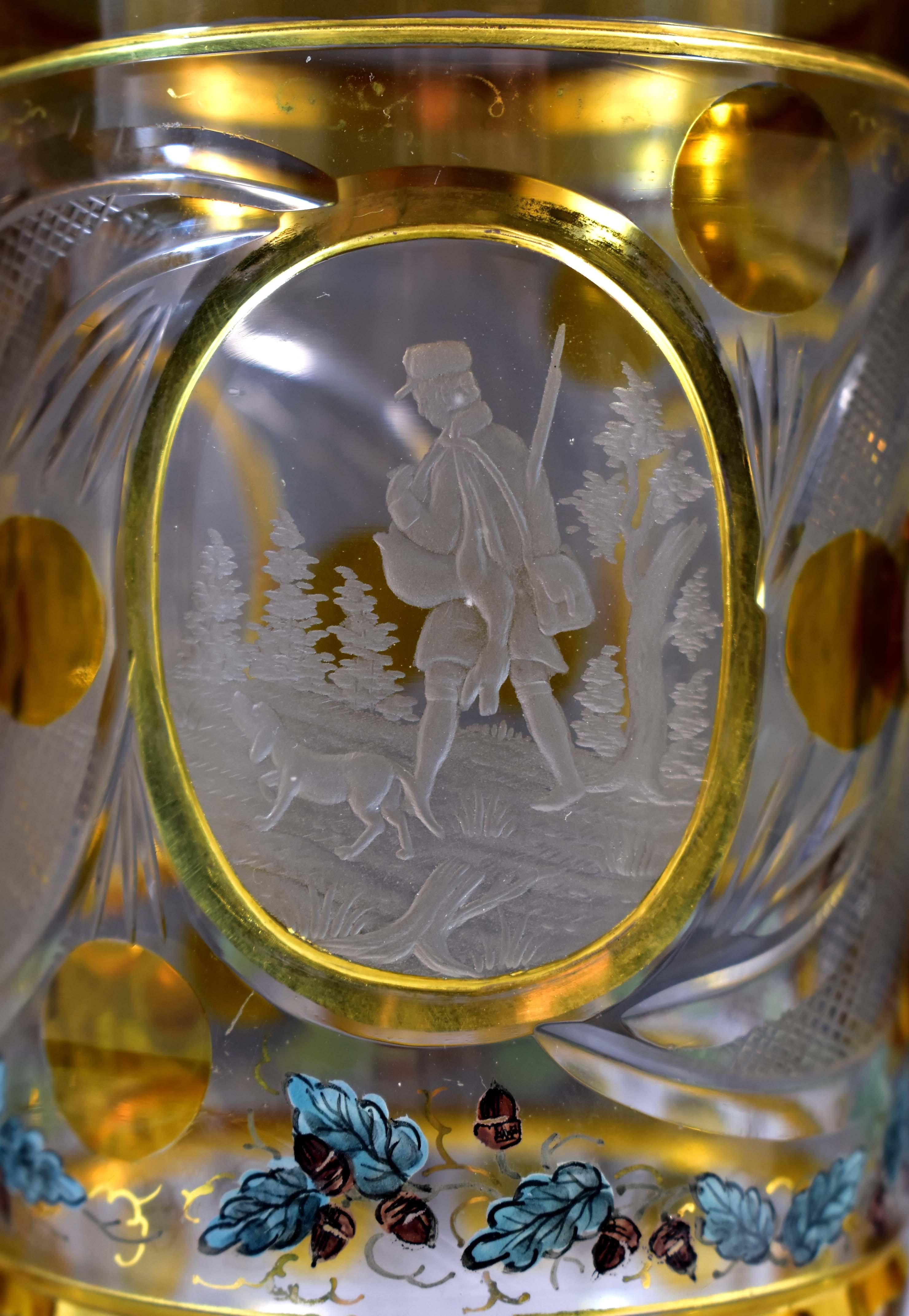 Three Goblets, Bohemian Glass, Mameluke engraving , Hunting motif 19th century 12