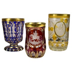 Three Goblets, Bohemian Glass, Mameluke engraving , Hunting motif 19th century