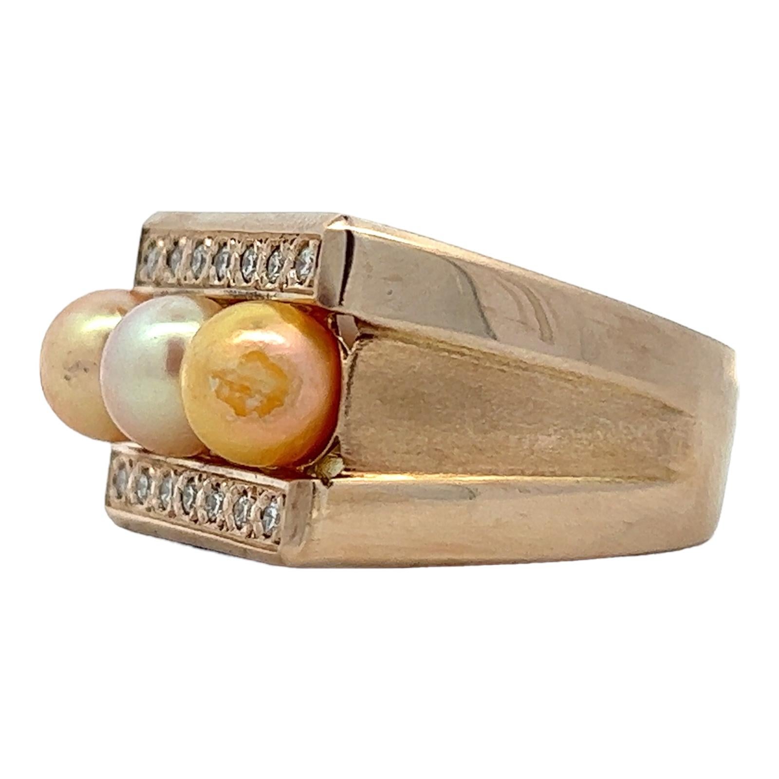 Modern Three Golden Cultured Pearl Diamond 14 Karat Yellow Gold Cocktail Band Ring  For Sale