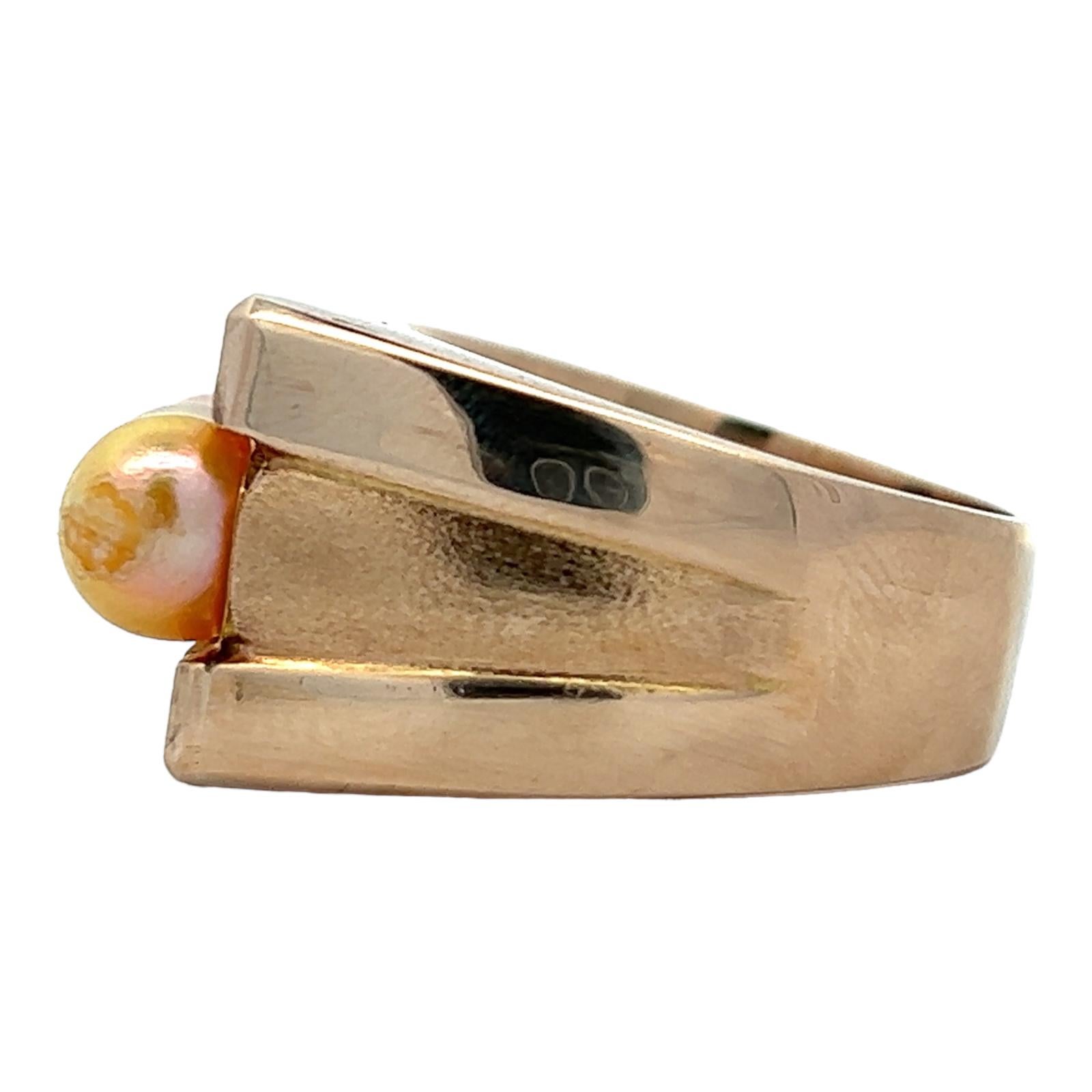 Round Cut Three Golden Cultured Pearl Diamond 14 Karat Yellow Gold Cocktail Band Ring  For Sale