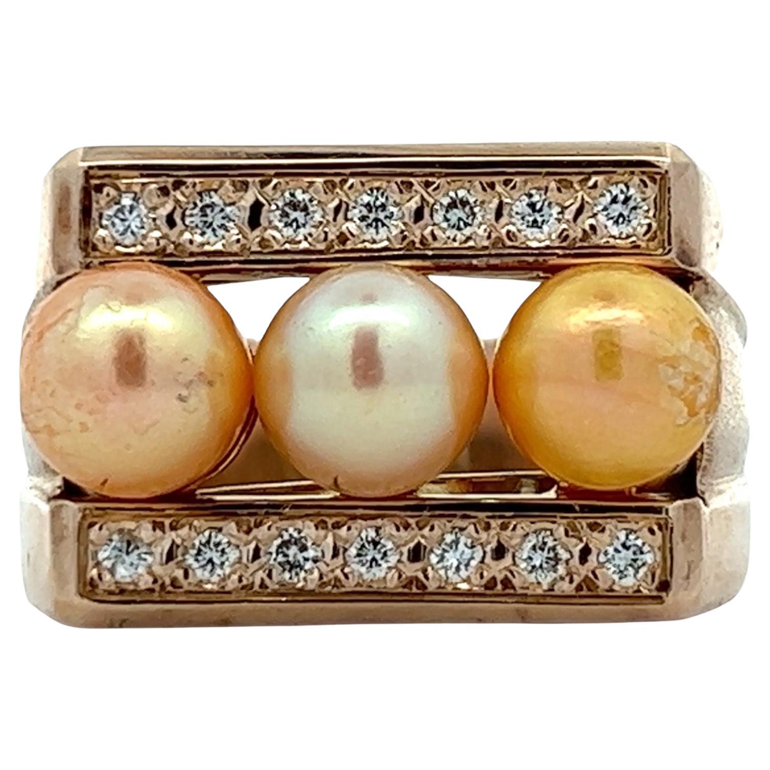 Three Golden Cultured Pearl Diamond 14 Karat Yellow Gold Cocktail Band Ring 