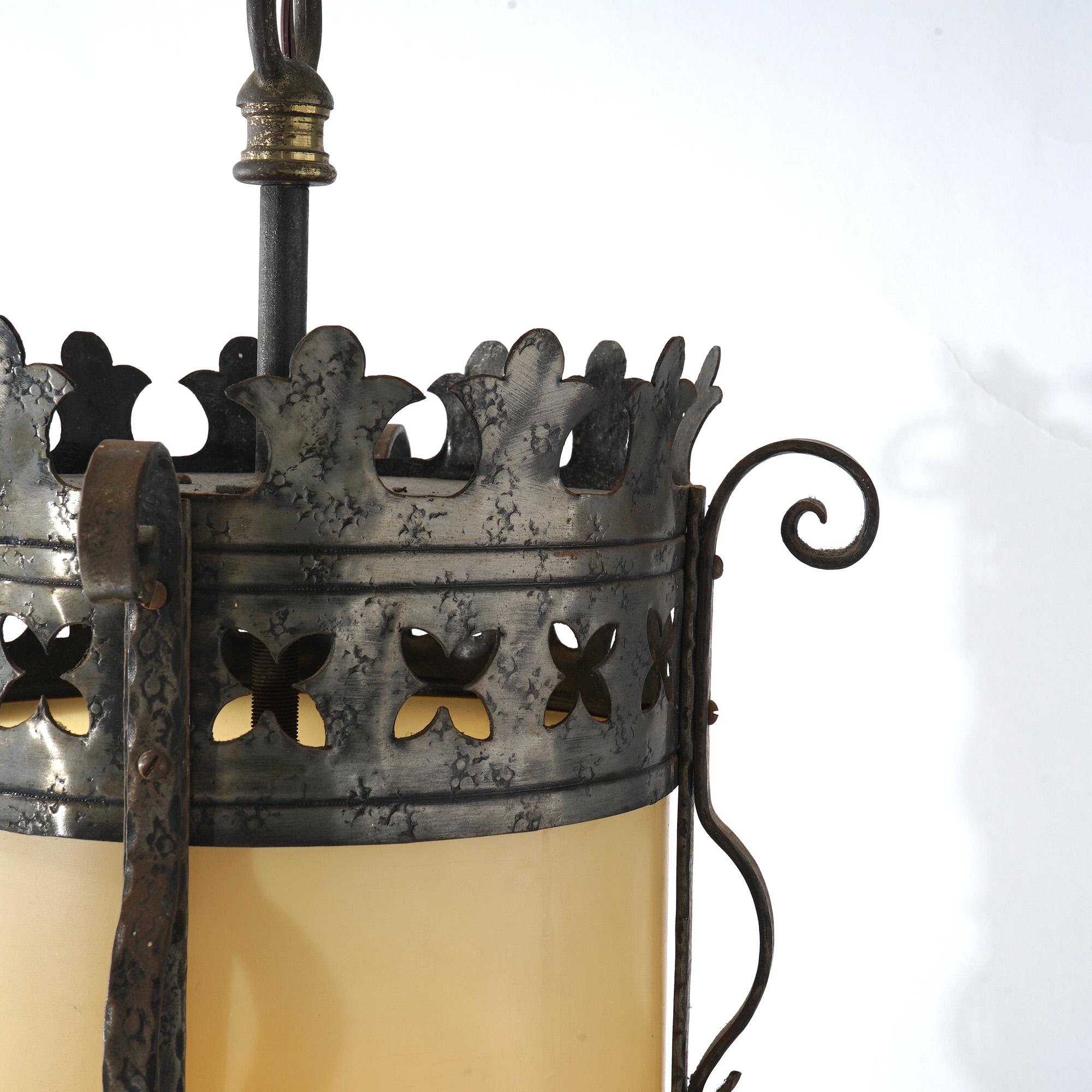 Three Gothic Yellin & Bach Style Arts & Crafts Wrought Iron Hanging Lights C1920 For Sale 8