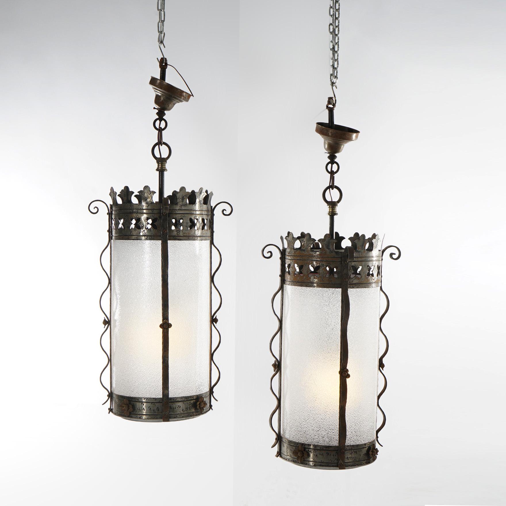 ***Reduced Delivery Rates - See Below or Click “Ask The Seller” to Request a Quote***

Three Antique Arts & Crafts Gothic Yellin & Bach Style Wrought Iron Hanging Lights with Crown Form Crest C1920

Measures - 42