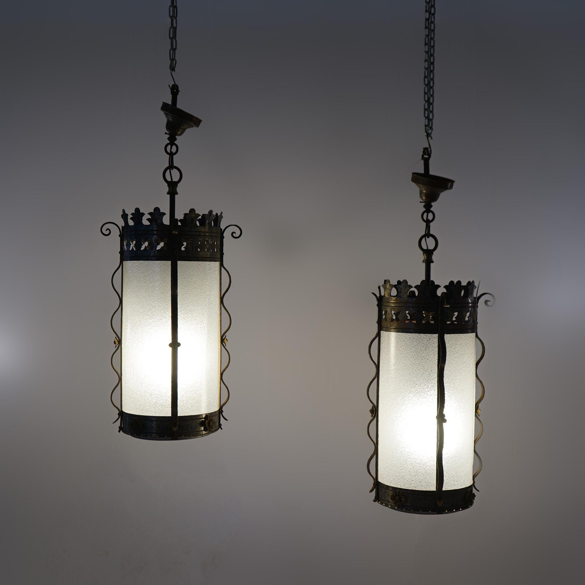 Arts and Crafts Three Gothic Yellin & Bach Style Arts & Crafts Wrought Iron Hanging Lights C1920 For Sale