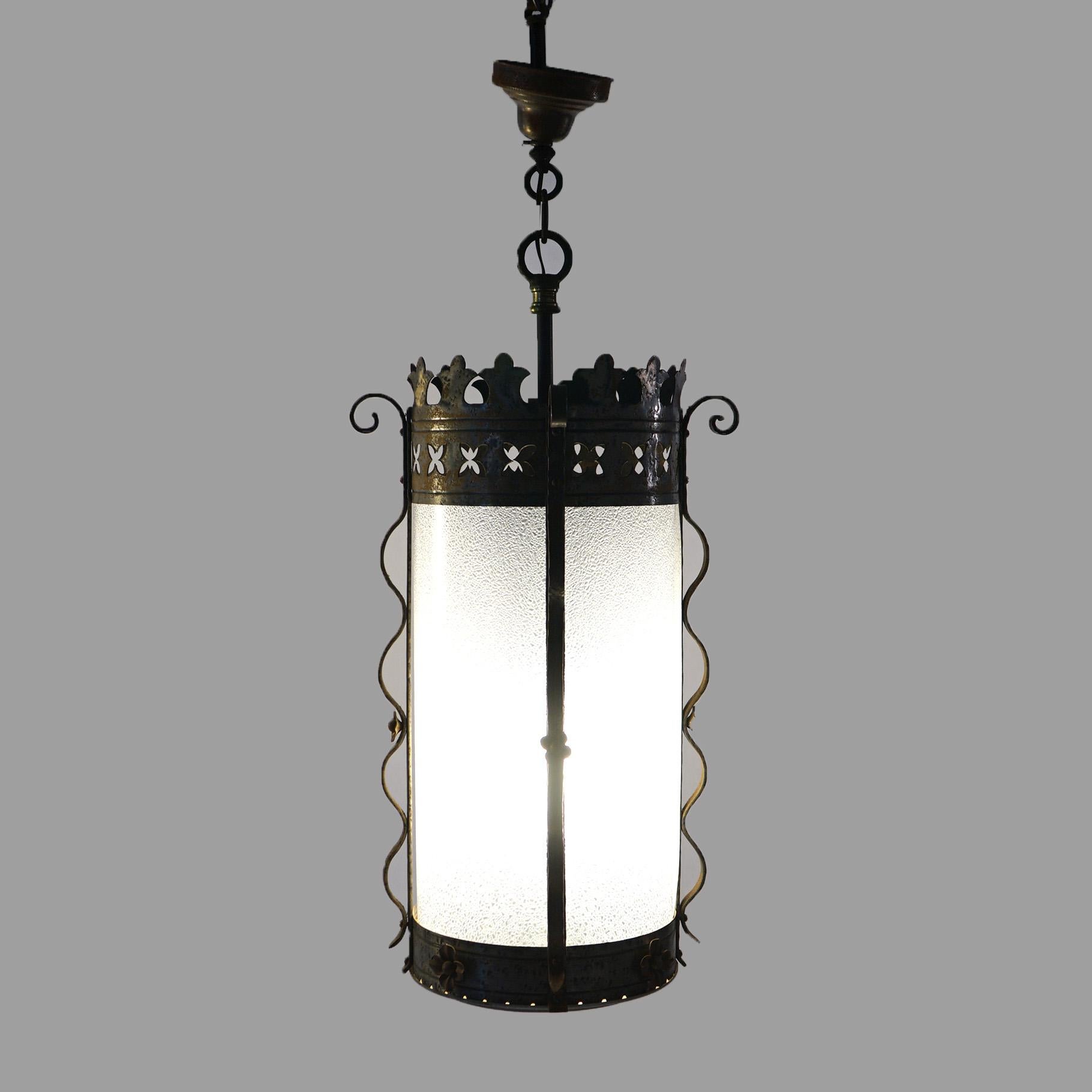 Three Gothic Yellin & Bach Style Arts & Crafts Wrought Iron Hanging Lights C1920 In Good Condition For Sale In Big Flats, NY