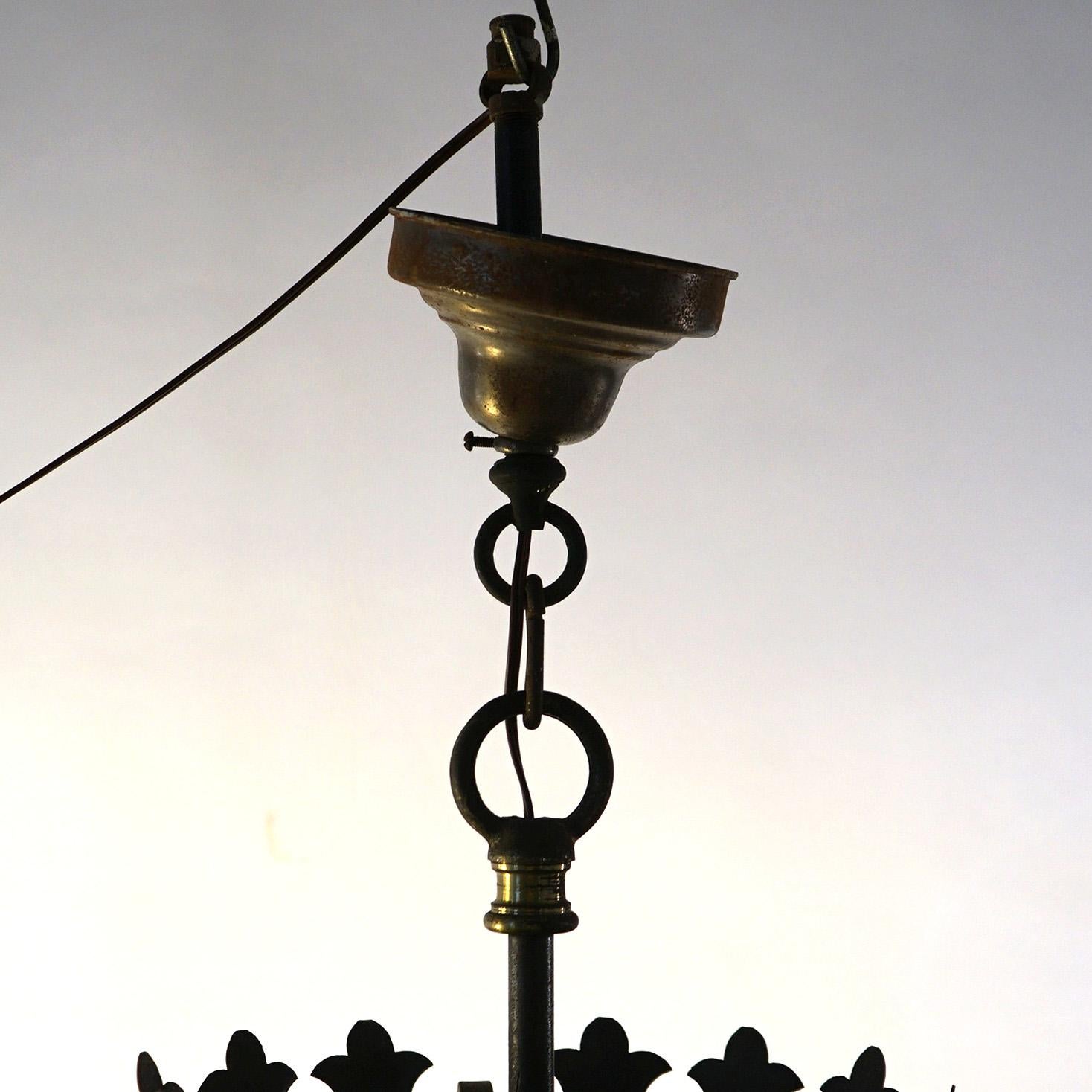 20th Century Three Gothic Yellin & Bach Style Arts & Crafts Wrought Iron Hanging Lights C1920 For Sale