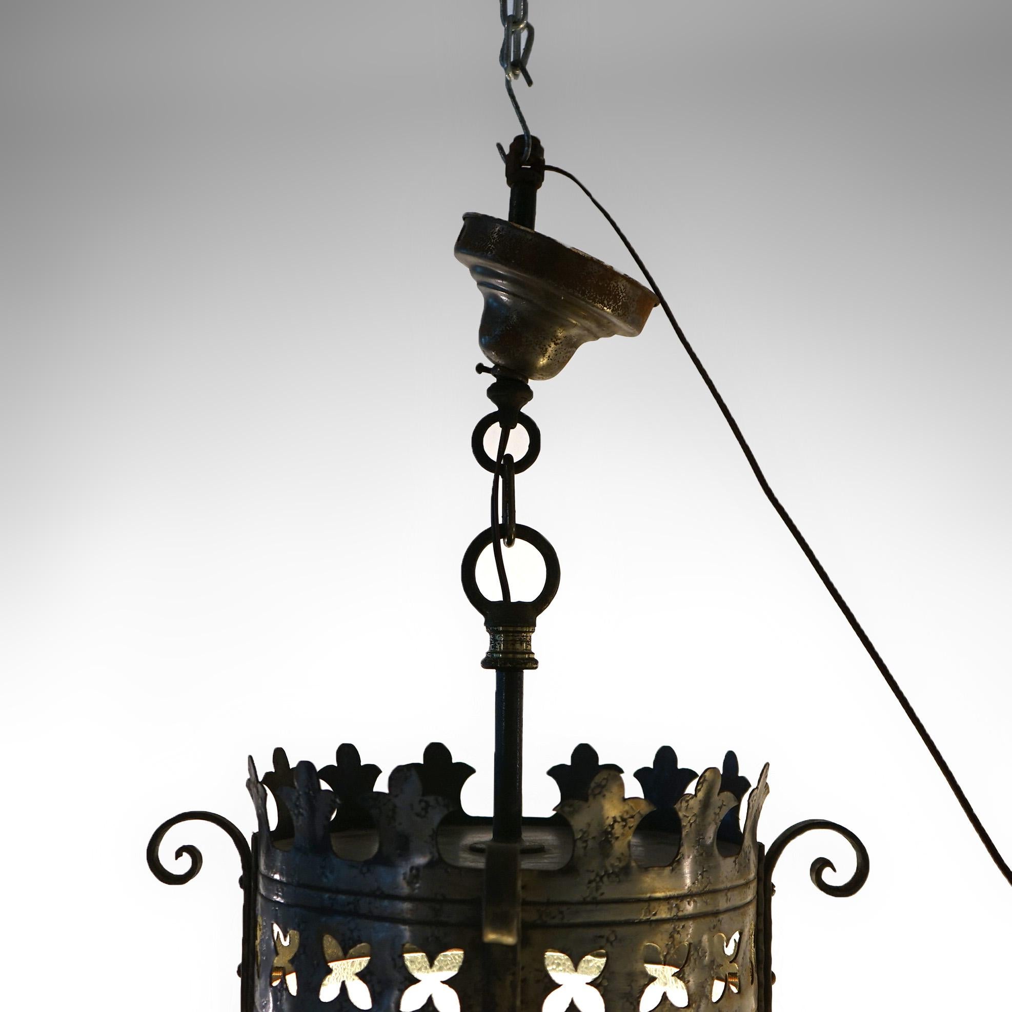 Three Gothic Yellin & Bach Style Arts & Crafts Wrought Iron Hanging Lights C1920 For Sale 1