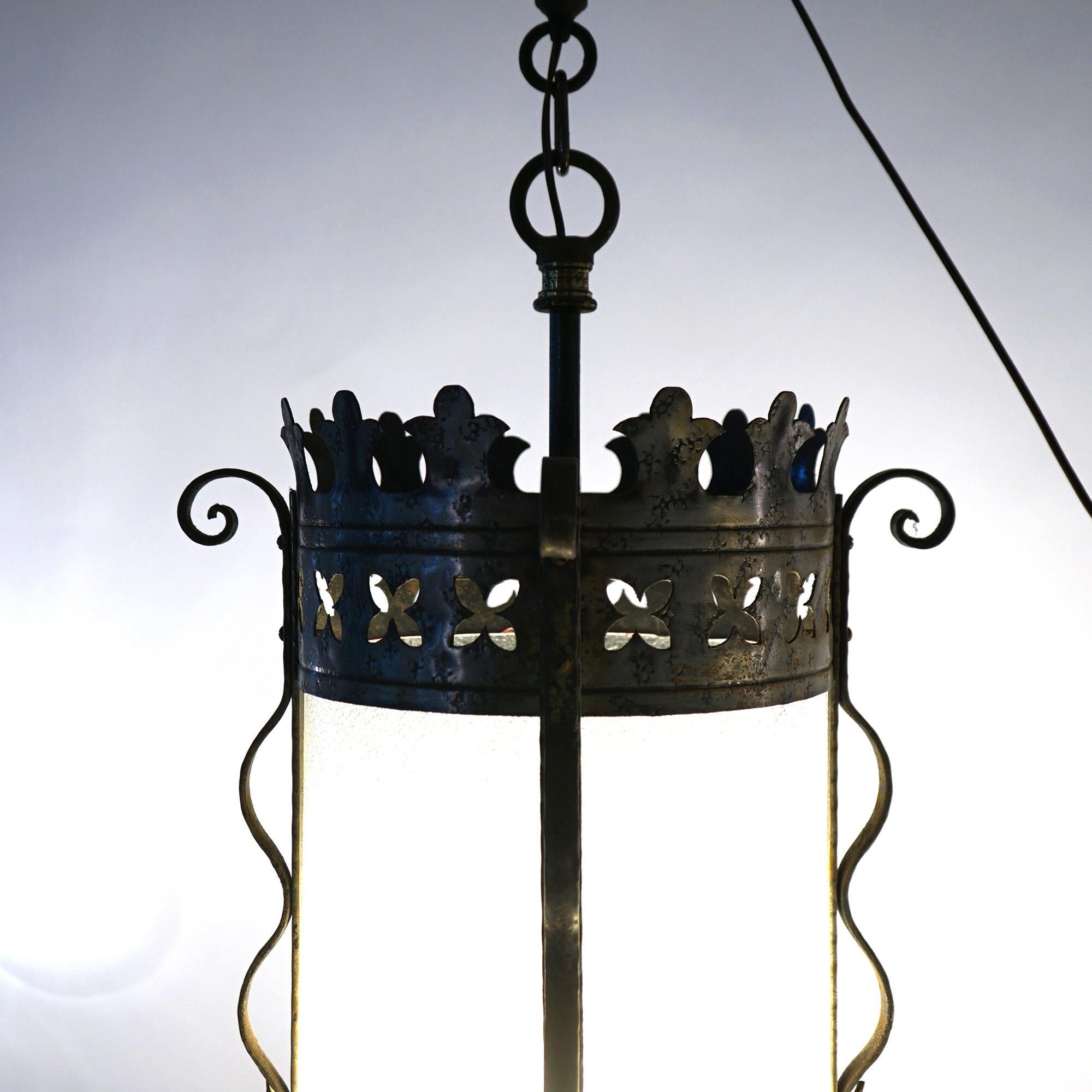 Three Gothic Yellin & Bach Style Arts & Crafts Wrought Iron Hanging Lights C1920 For Sale 2