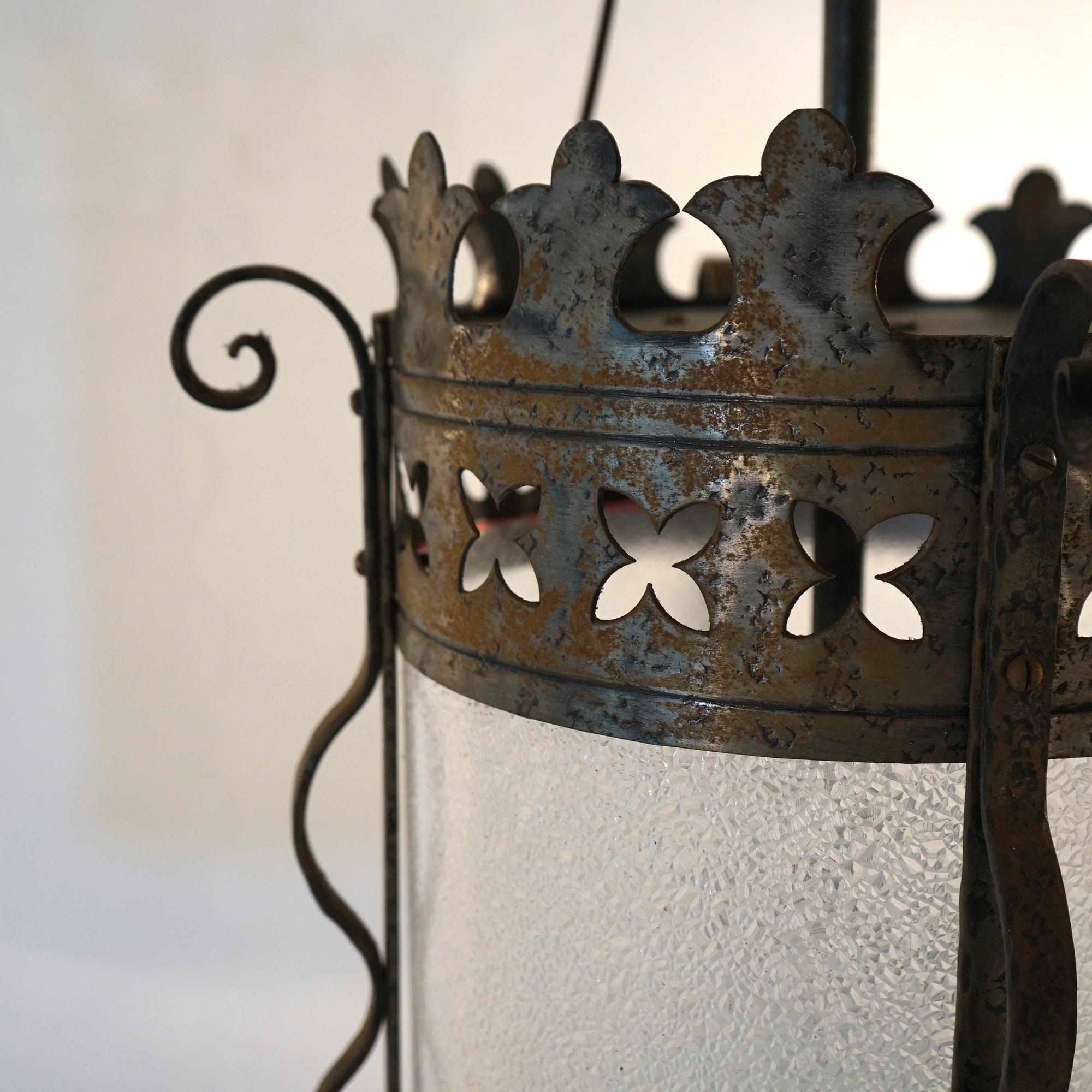 Three Gothic Yellin & Bach Style Arts & Crafts Wrought Iron Hanging Lights C1920 For Sale 3