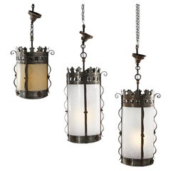 Three Gothic Yellin & Bach Style Arts & Crafts Wrought Iron Hanging Lights C1920