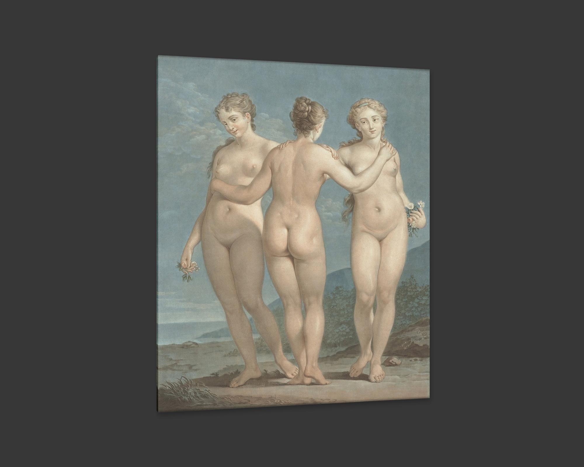 French Three Graces, After Neoclassical Pastel by Jean-François Janinet For Sale