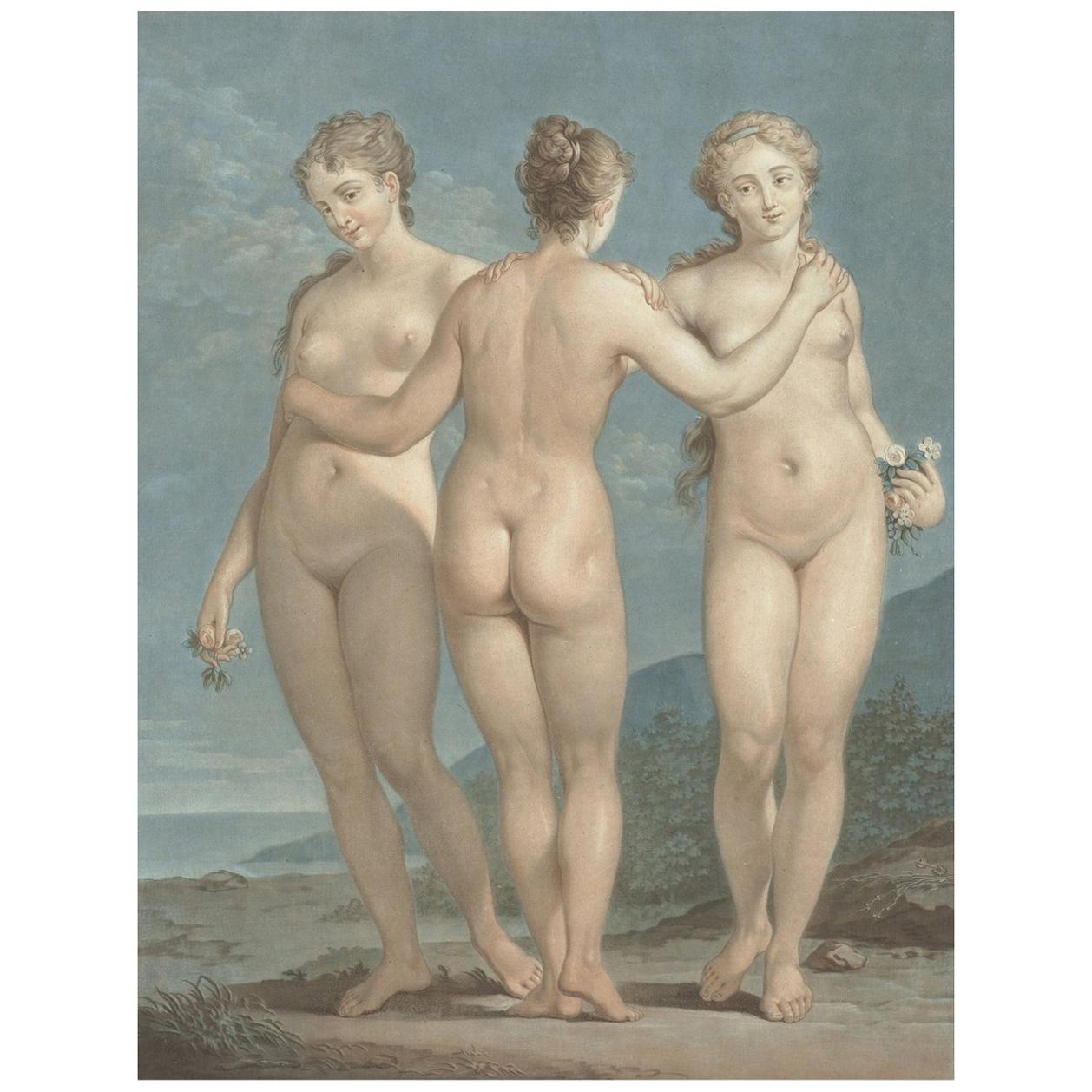 Three Graces, After Neoclassical Pastel by Jean-François Janinet For Sale