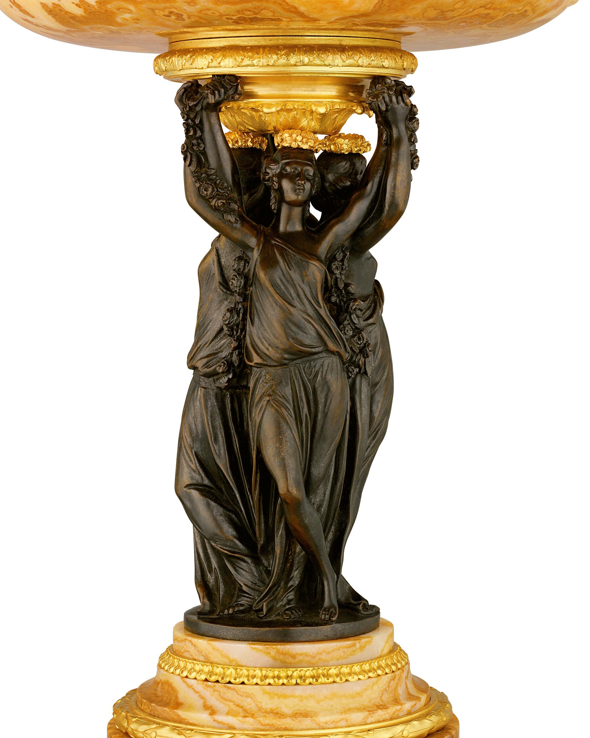 Neoclassical Three Graces Bronze and Marble Centerpiece