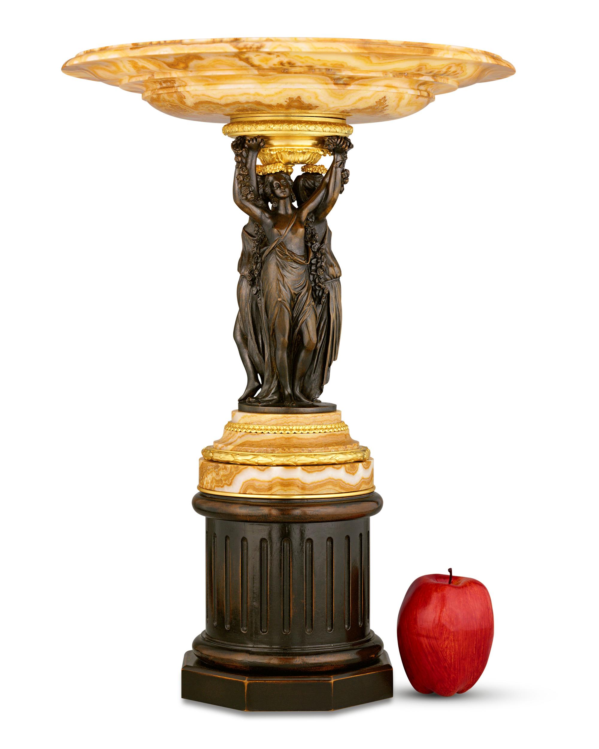 English Three Graces Bronze and Marble Centerpiece