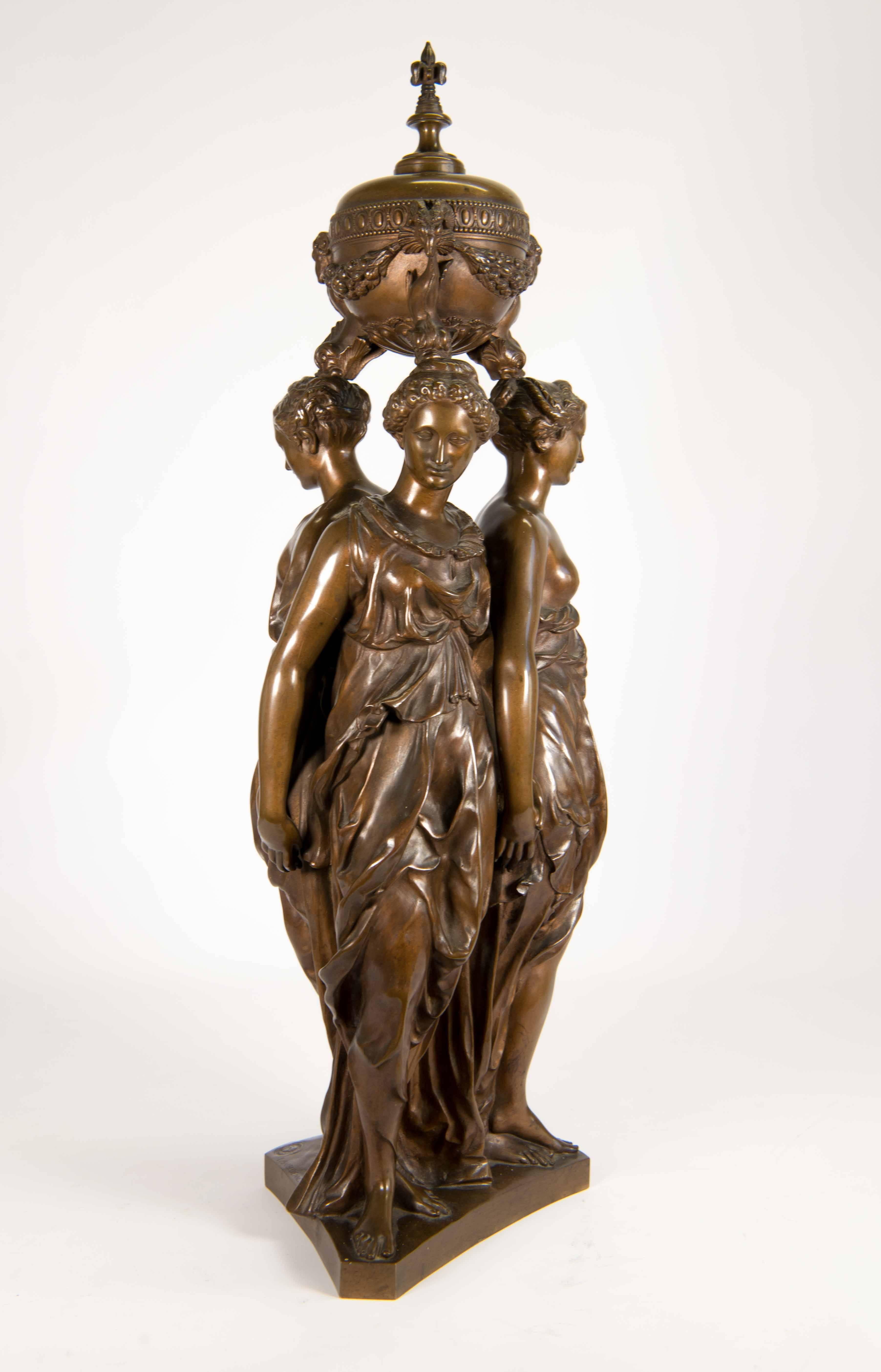French Three Graces by F. Barbedienne, 19th Century Bronze Patinated Statue Sculpture