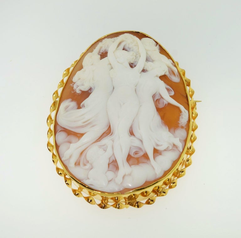 Three Graces Hand Carved Shell Cameo Yellow Gold Pin Pendant Estate