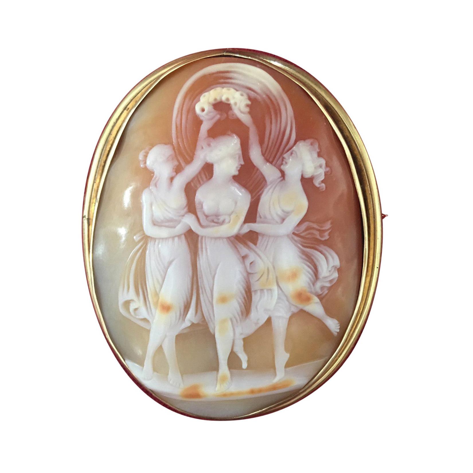 Vintage 3 Graces Hand Carved Shell Cameo Yellow Gold Brooch Pin Pendant