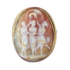 Antique Three Graces Hand Carved Shell Cameo Yellow Gold Pin Pendant Estate Fine Jewelry