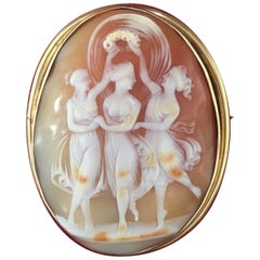 Three Graces Hand Carved Shell Cameo Yellow Gold Pin Pendant Estate Fine Jewelry