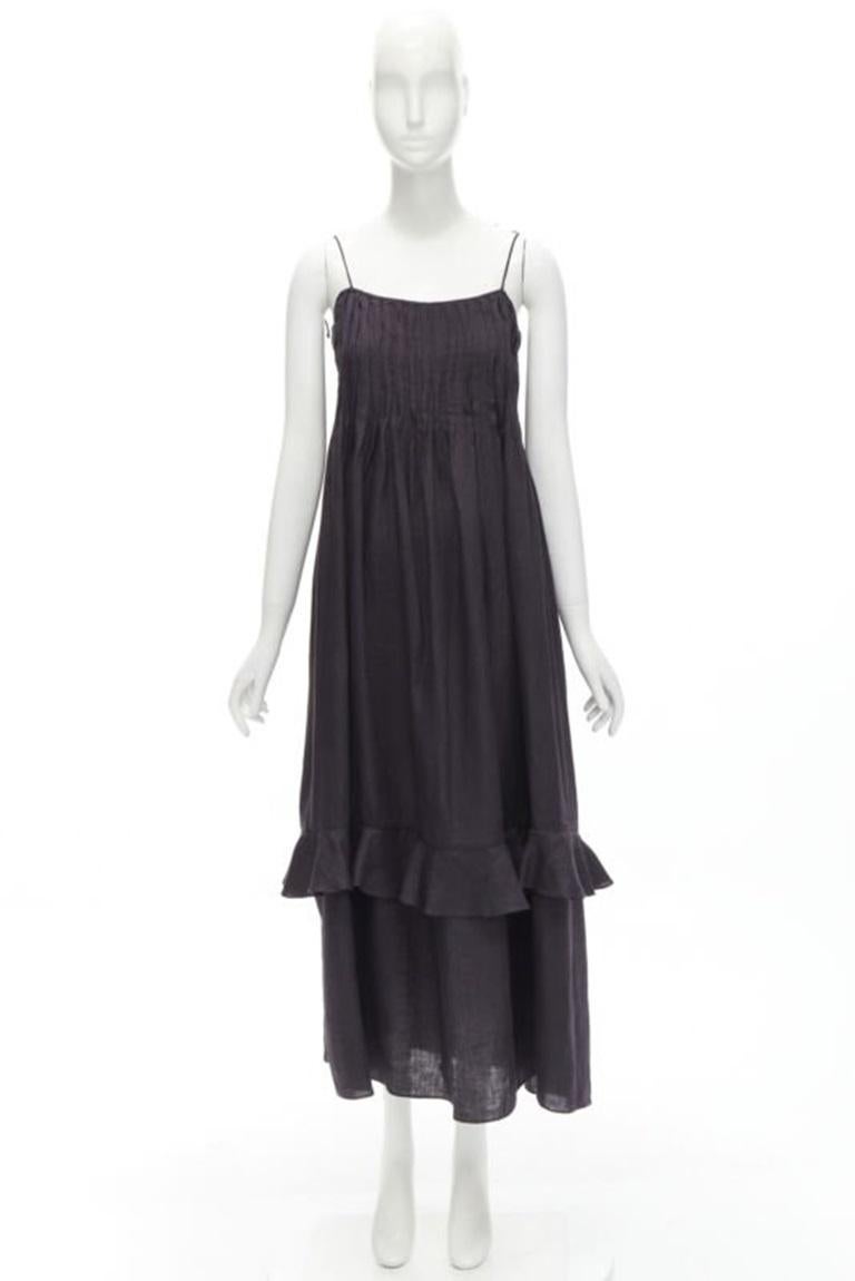 THREE GRACES LONDON black washed cotton pelated bust frill trim maxi dress UK8 S 5