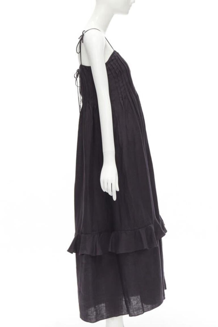 THREE GRACES LONDON black washed cotton pelated bust frill trim maxi dress UK8 S In Excellent Condition In Hong Kong, NT