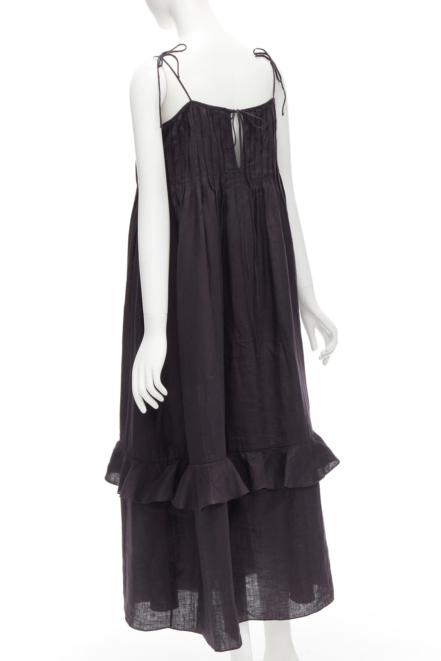 THREE GRACES LONDON black washed cotton pelated bust frill trim maxi dress UK8 S In Excellent Condition For Sale In Hong Kong, NT