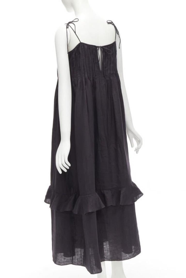 THREE GRACES LONDON black washed cotton pelated bust frill trim maxi dress UK8 S 1
