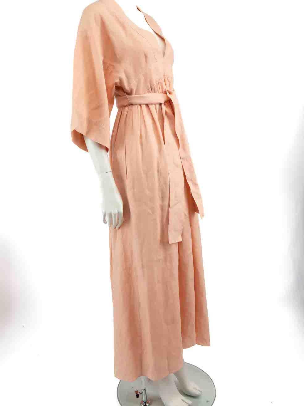CONDITION is Very good. Hardly any visible wear to dress is evident on this used Three Graces London designer resale item.
 
 Details
 Pink
 Linen
 Maxi dress
 V neckline
 Gathered accent on waist
 Tie strap belted
 2x Front side pockets
 Back zip