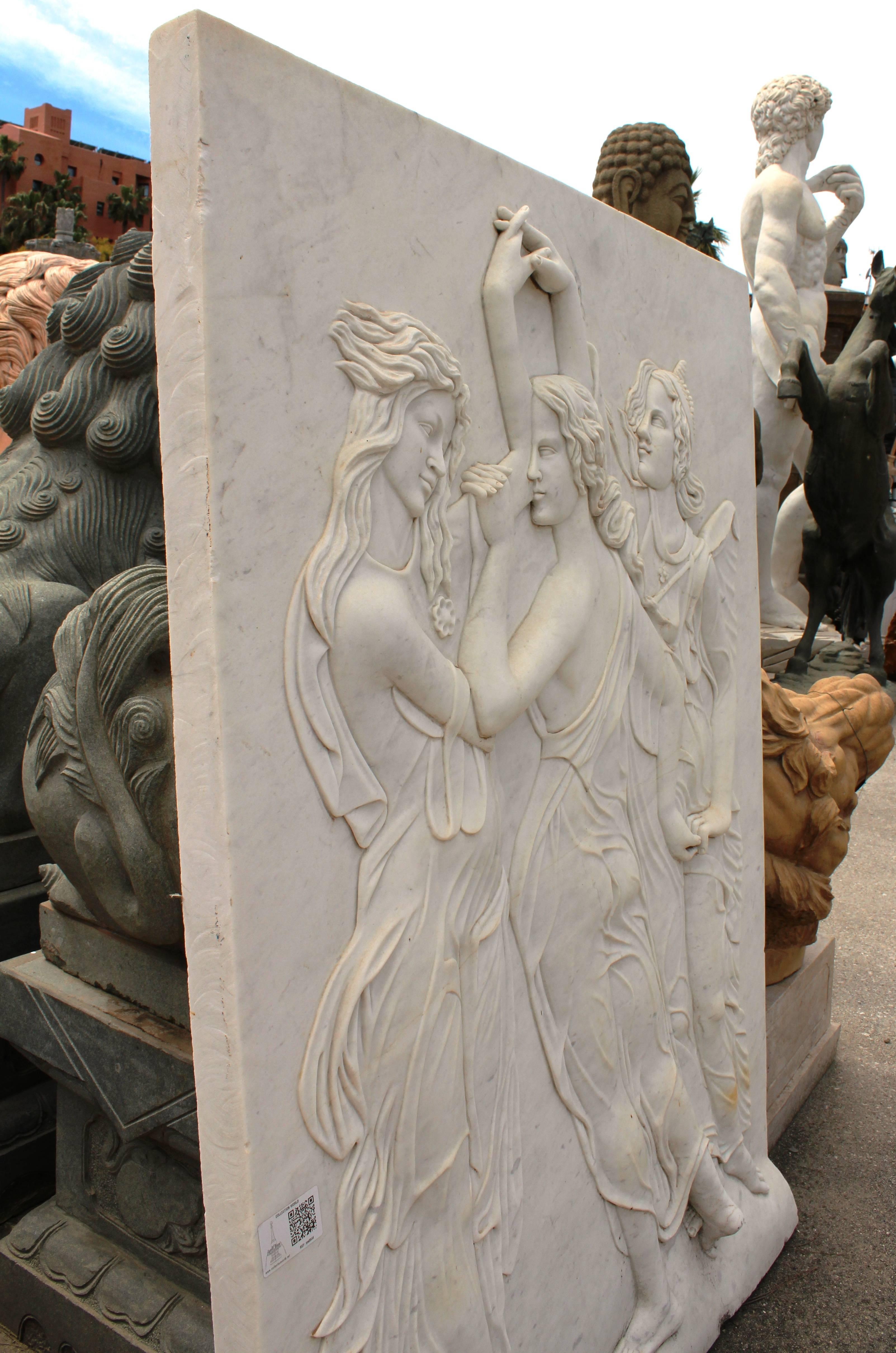 Italian Three Graces Relief Hand-Carved in White Carrara Marble