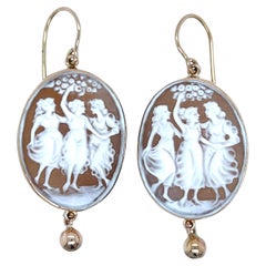 Antique Three Graces Shell Cameo Earrings in 9K Yellow Gold