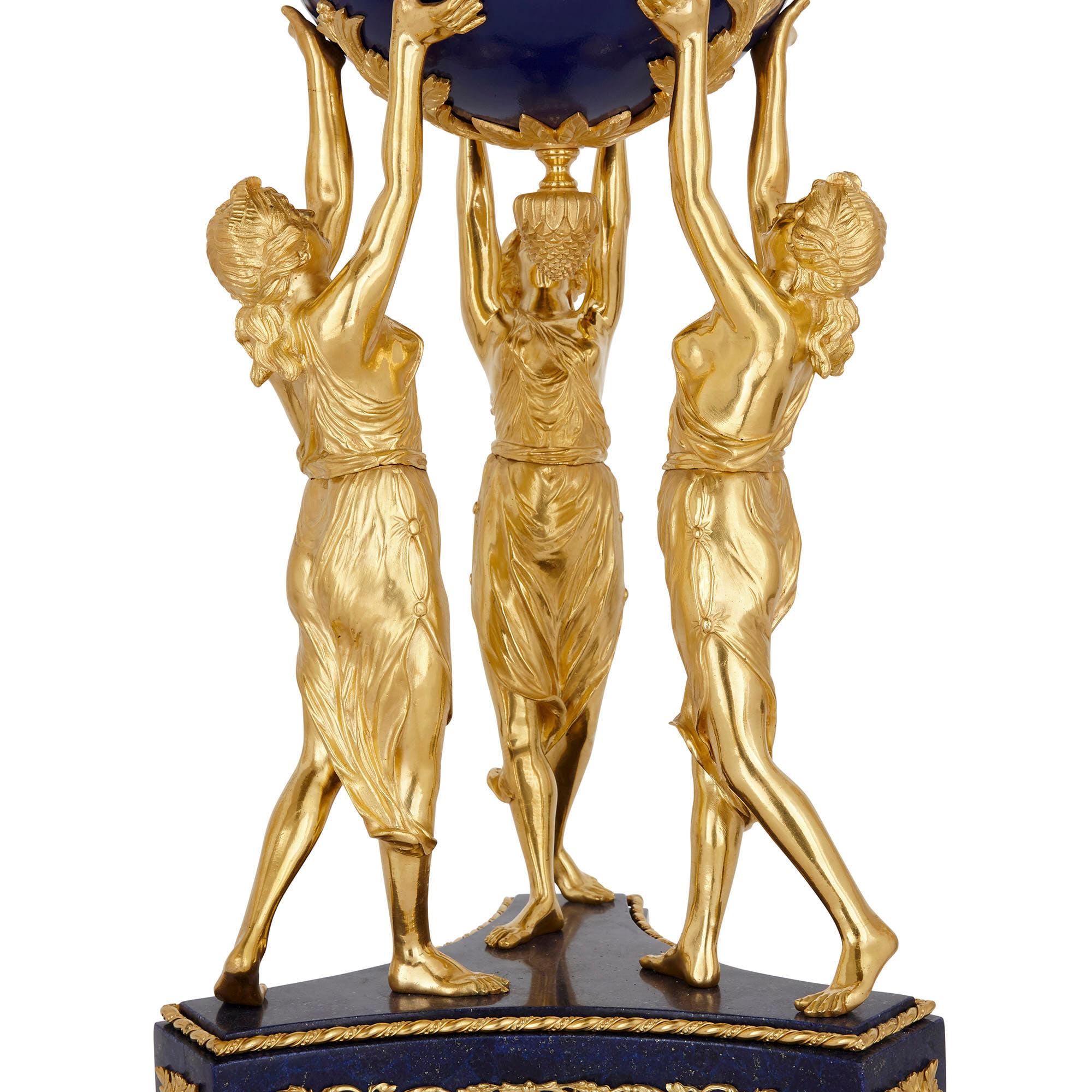 Neoclassical 'Three Graces, ' Three-Piece Lapis and Gilt Bronze Clock Set For Sale