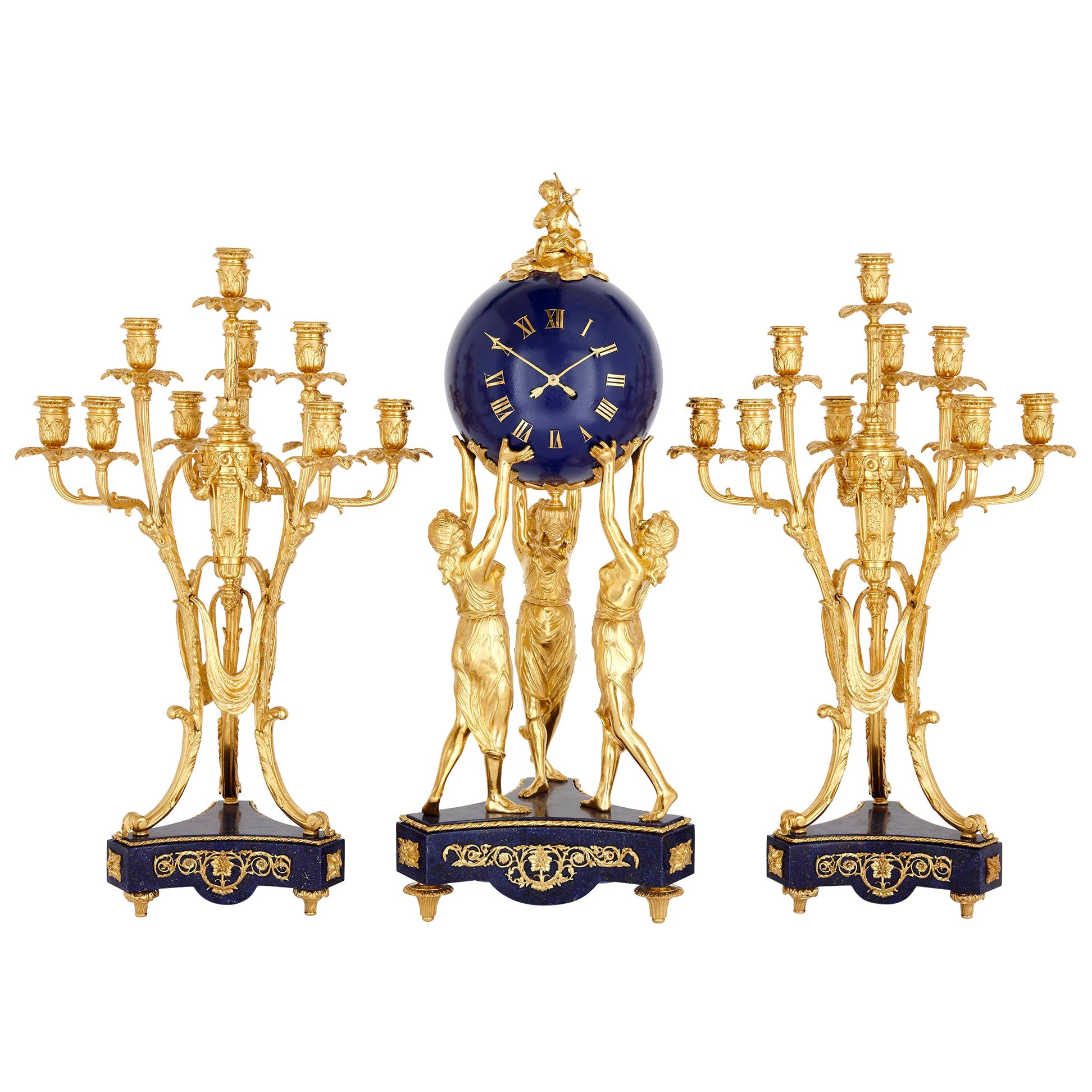 'Three Graces,' Three-Piece Lapis and Gilt Bronze Clock Set