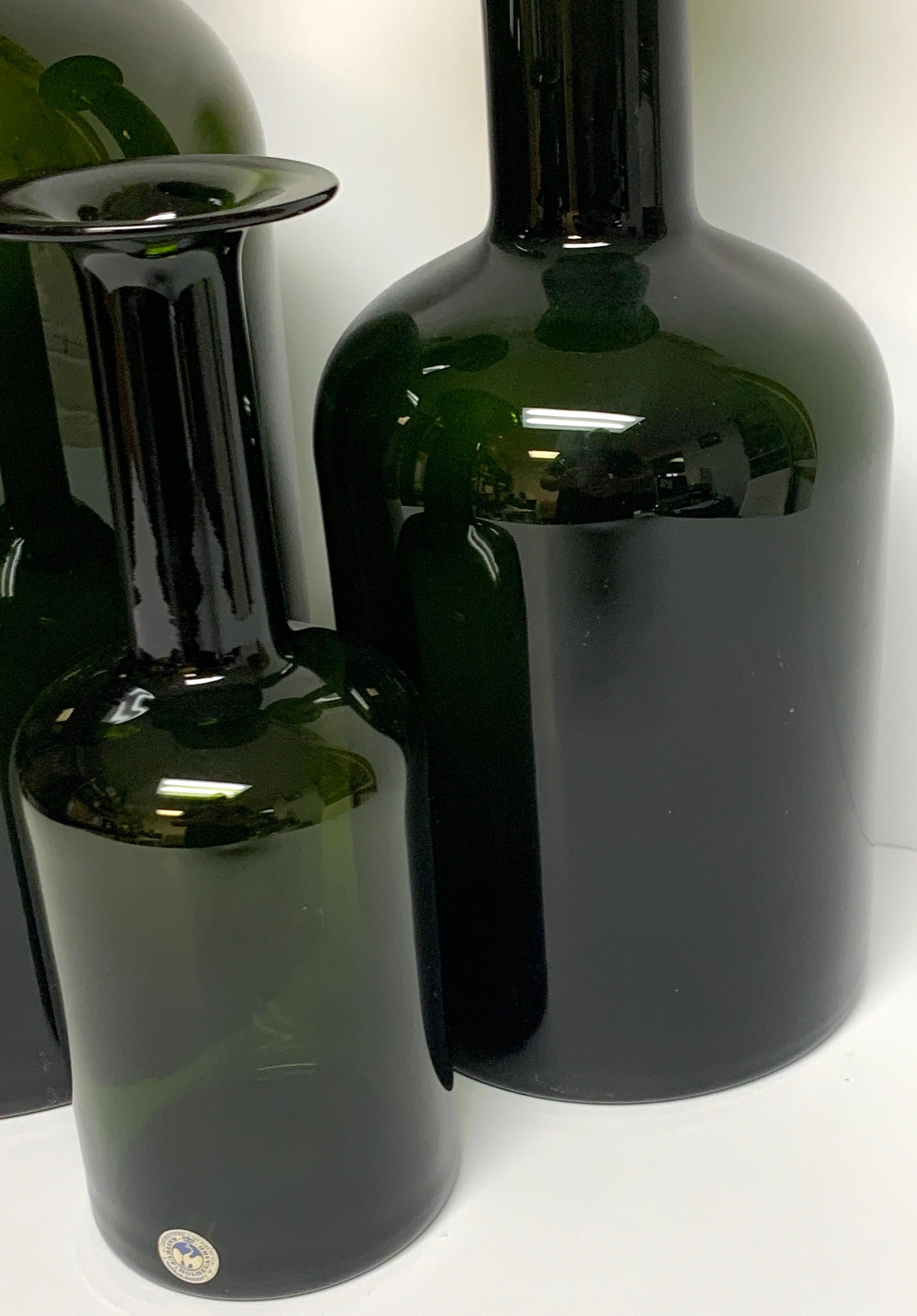 Mid-Century Modern Three Graduating Olive Glass Bottle Vases, by Otto Brauer for Holmegaard