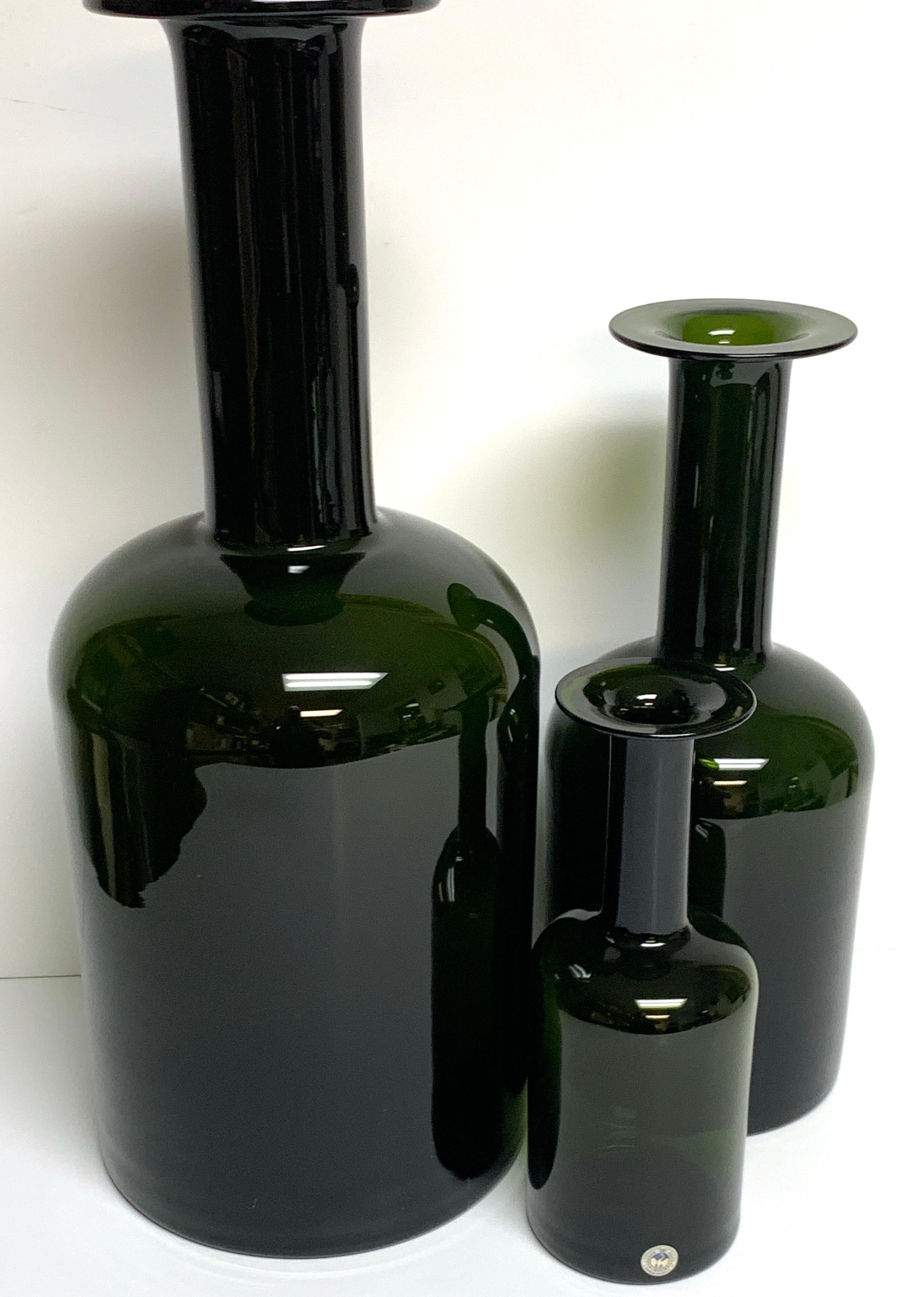 Danish Three Graduating Olive Glass Bottle Vases, by Otto Brauer for Holmegaard