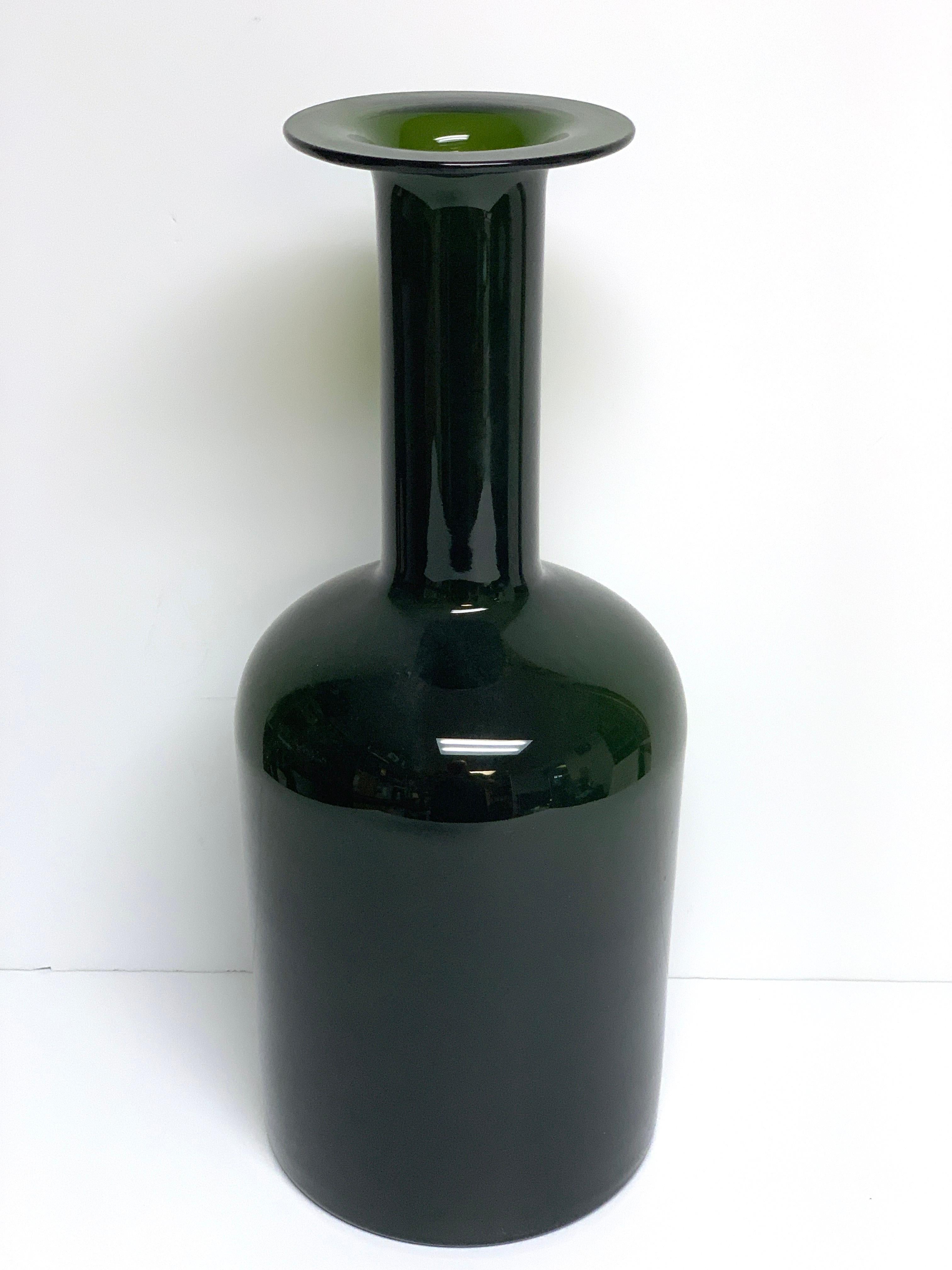 20th Century Three Graduating Olive Glass Bottle Vases, by Otto Brauer for Holmegaard