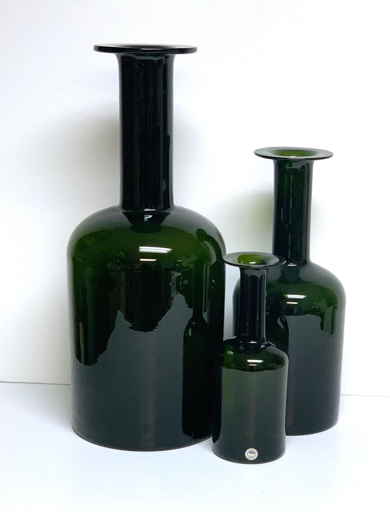Three Graduating Olive Glass Bottle Vases, by Otto Brauer for