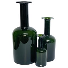 Three Graduating Olive Glass Bottle Vases, by Otto Brauer for Holmegaard