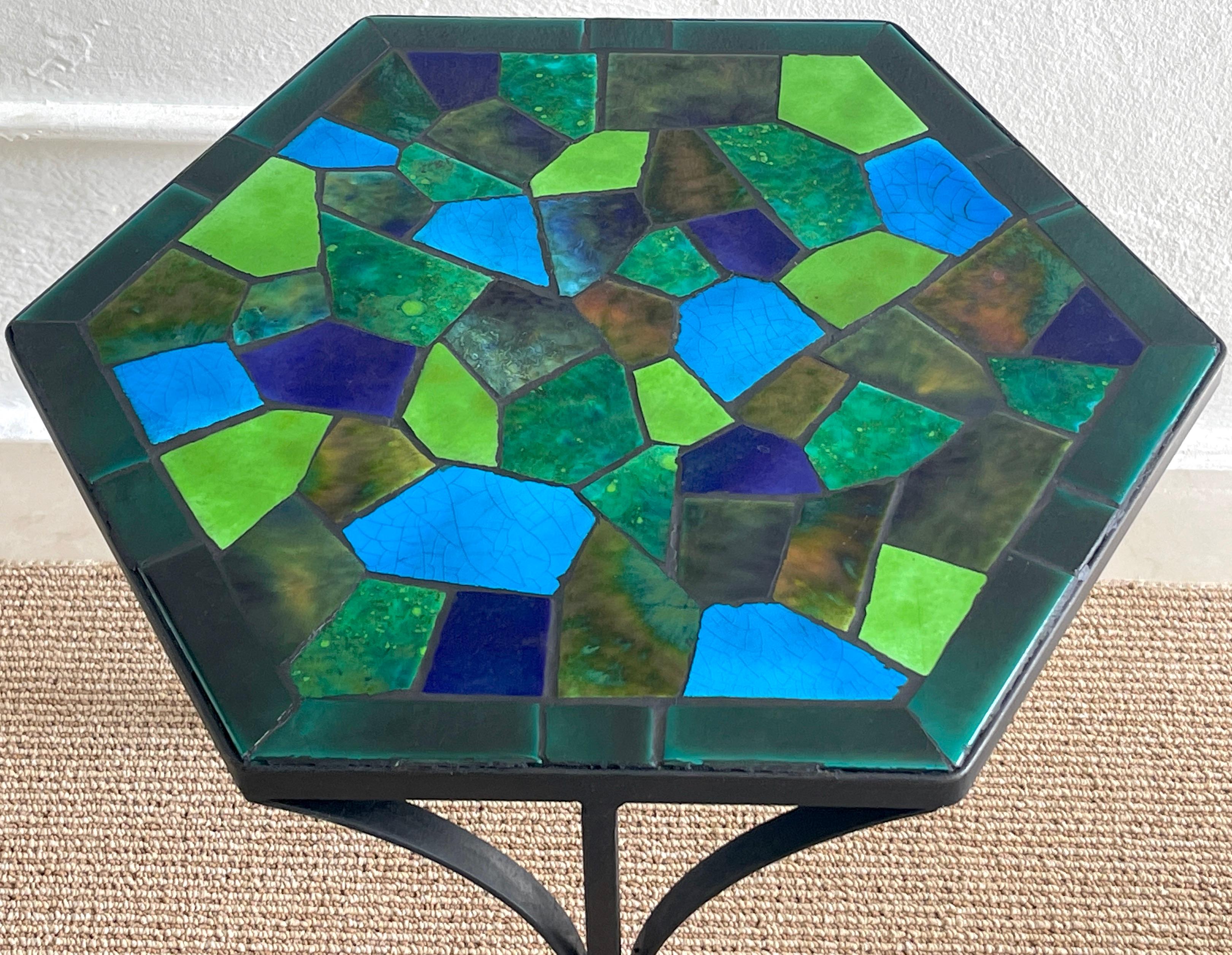 Three Graduating Wrought Iron & Ceramic Mosaic Tables by Jon Matin For Sale 1