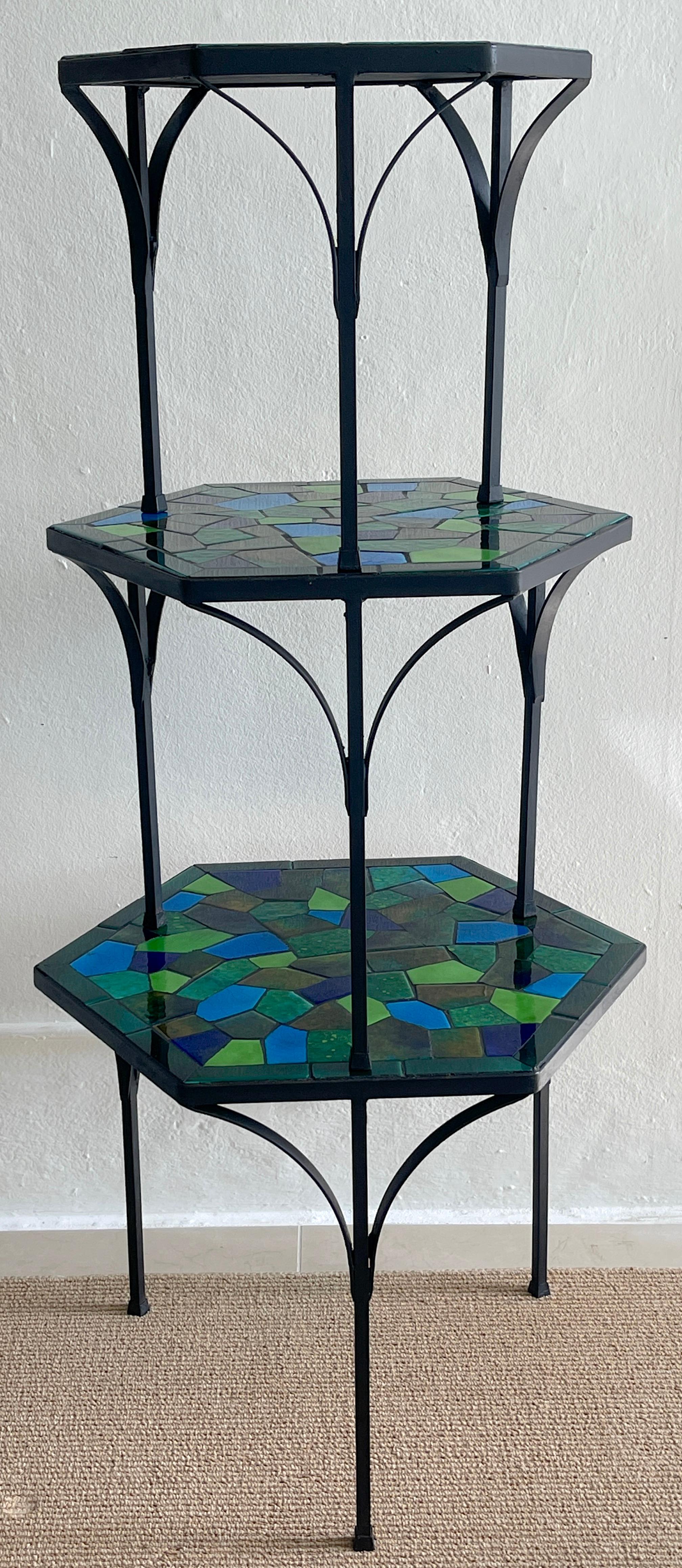 Three Graduating Wrought Iron & Ceramic Mosaic Tables by Jon Matin For Sale 2